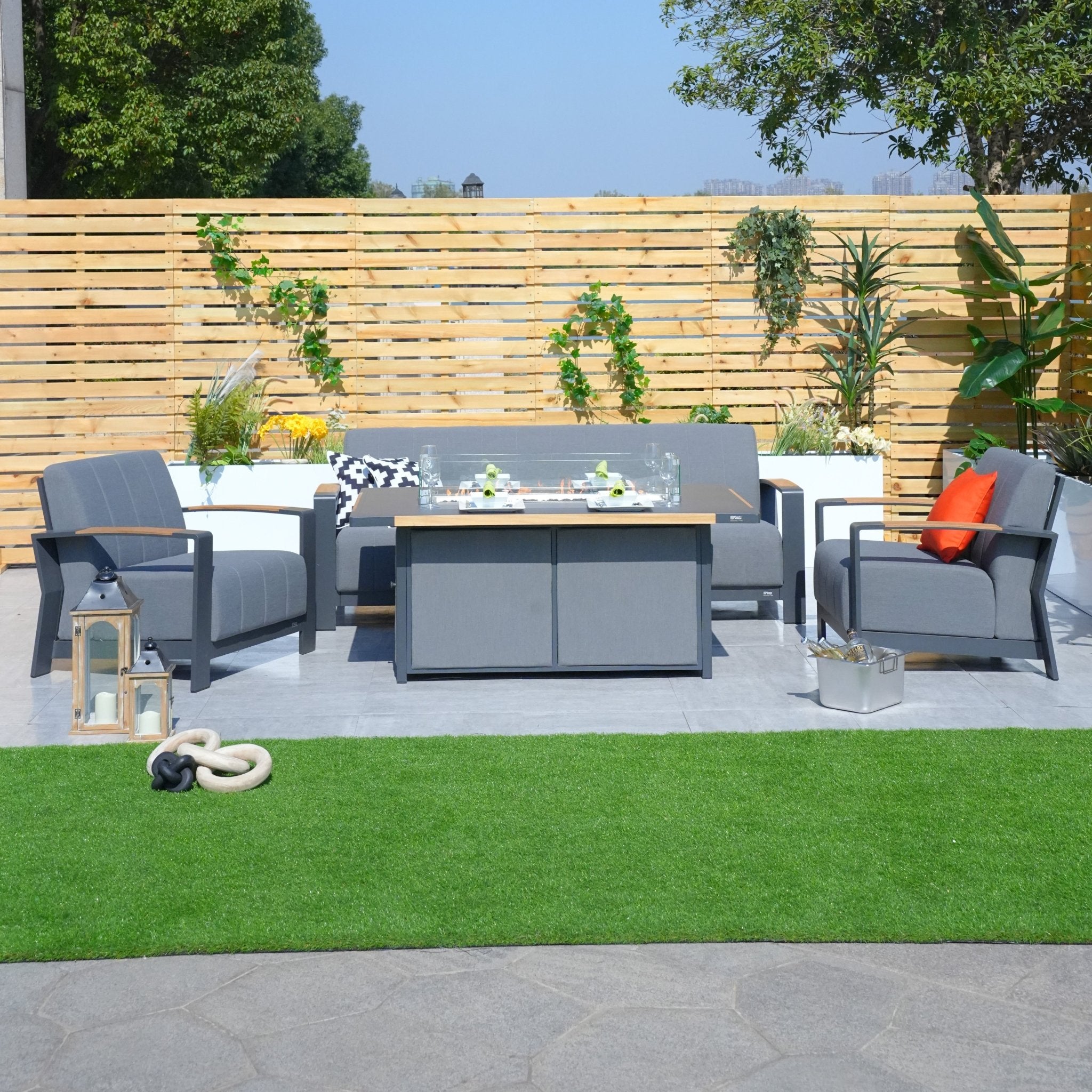Aluminum Patio Gray Fire Pit Dining Set with Modern Gray Cushions (PAG - 2338+2335) - Direct Wicker