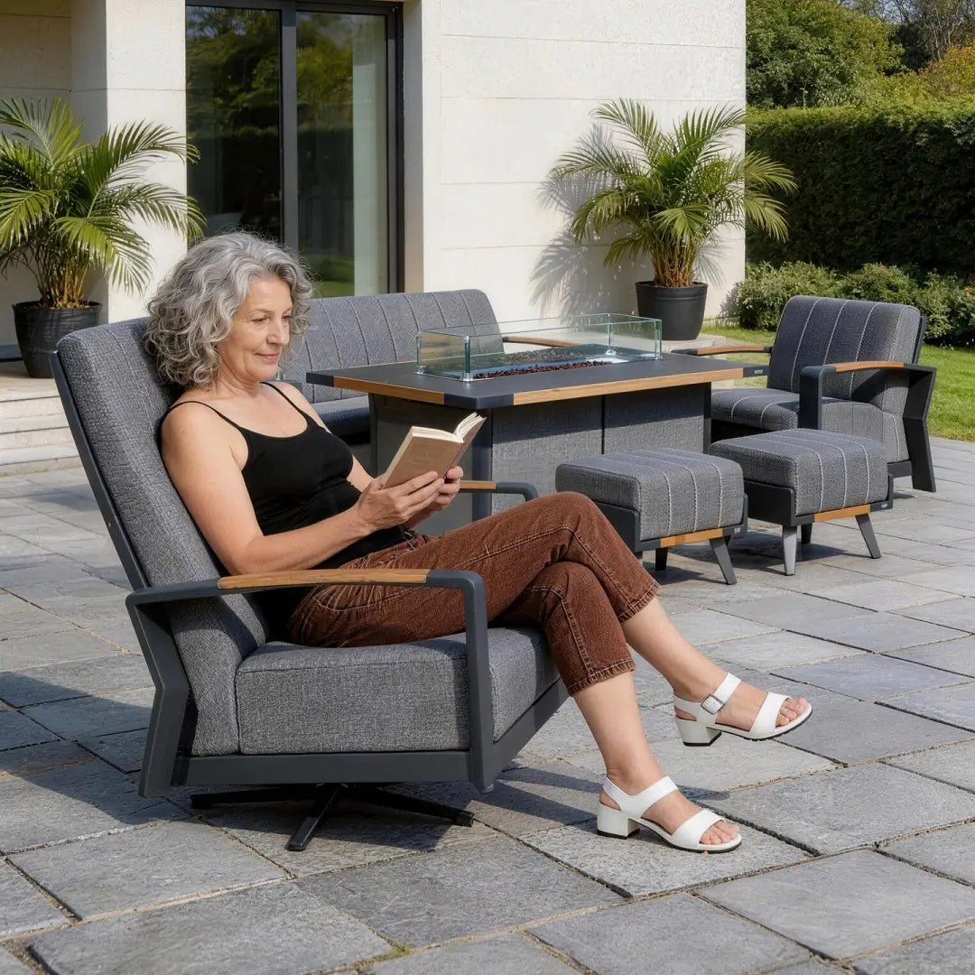 Aluminum Patio Gray Fire Pit Dining Set with Modern Gray Cushions (PAG - 2338+2335) - Direct Wicker