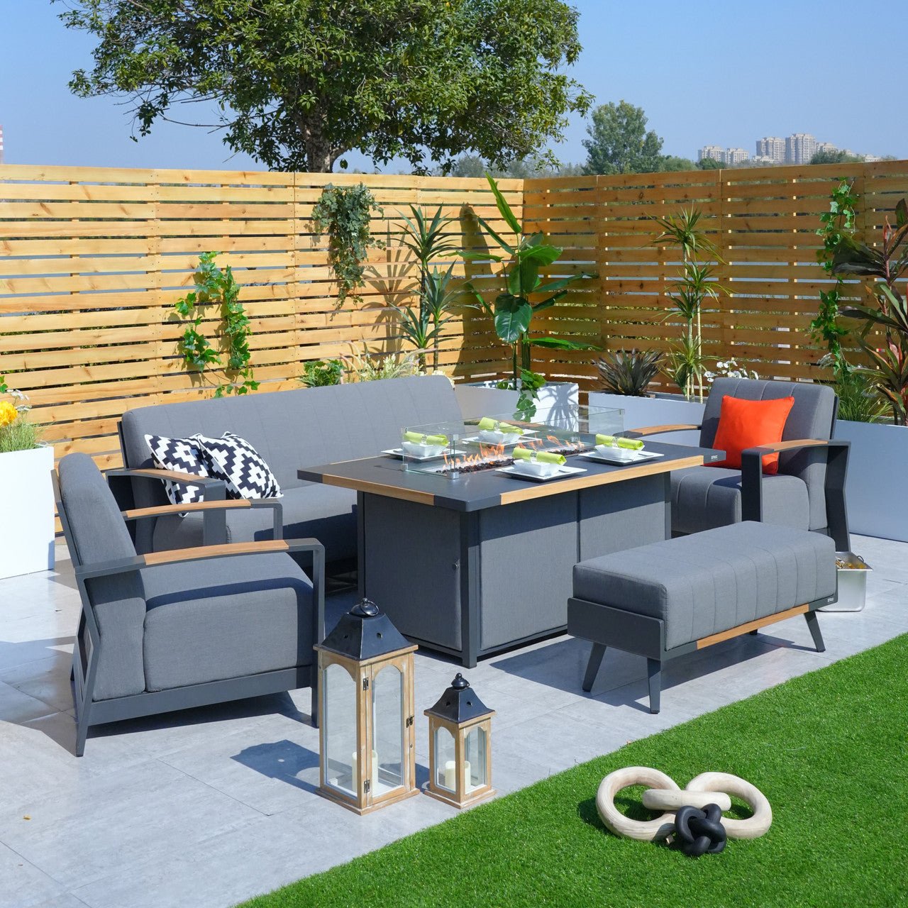 Aluminum Patio Gray Fire Pit Dining Set with Modern Gray Cushions (PAG - 2338+2335) - Direct Wicker
