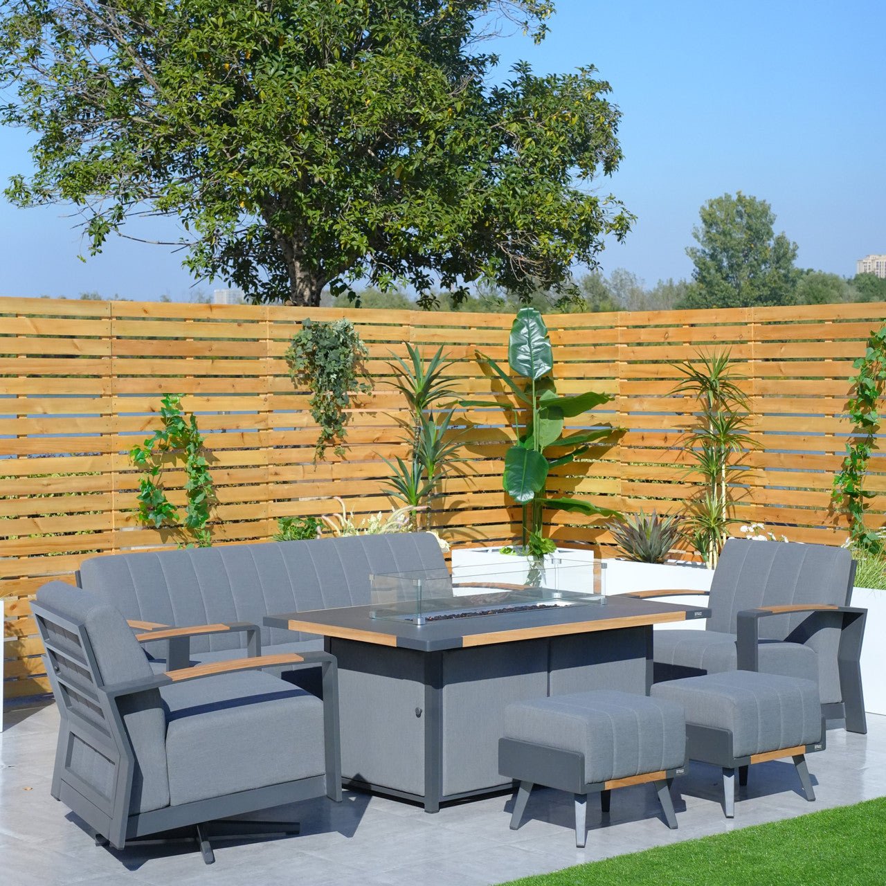 Aluminum Patio Gray Fire Pit Dining Set with Modern Gray Cushions (PAG - 2338+2335) - Direct Wicker