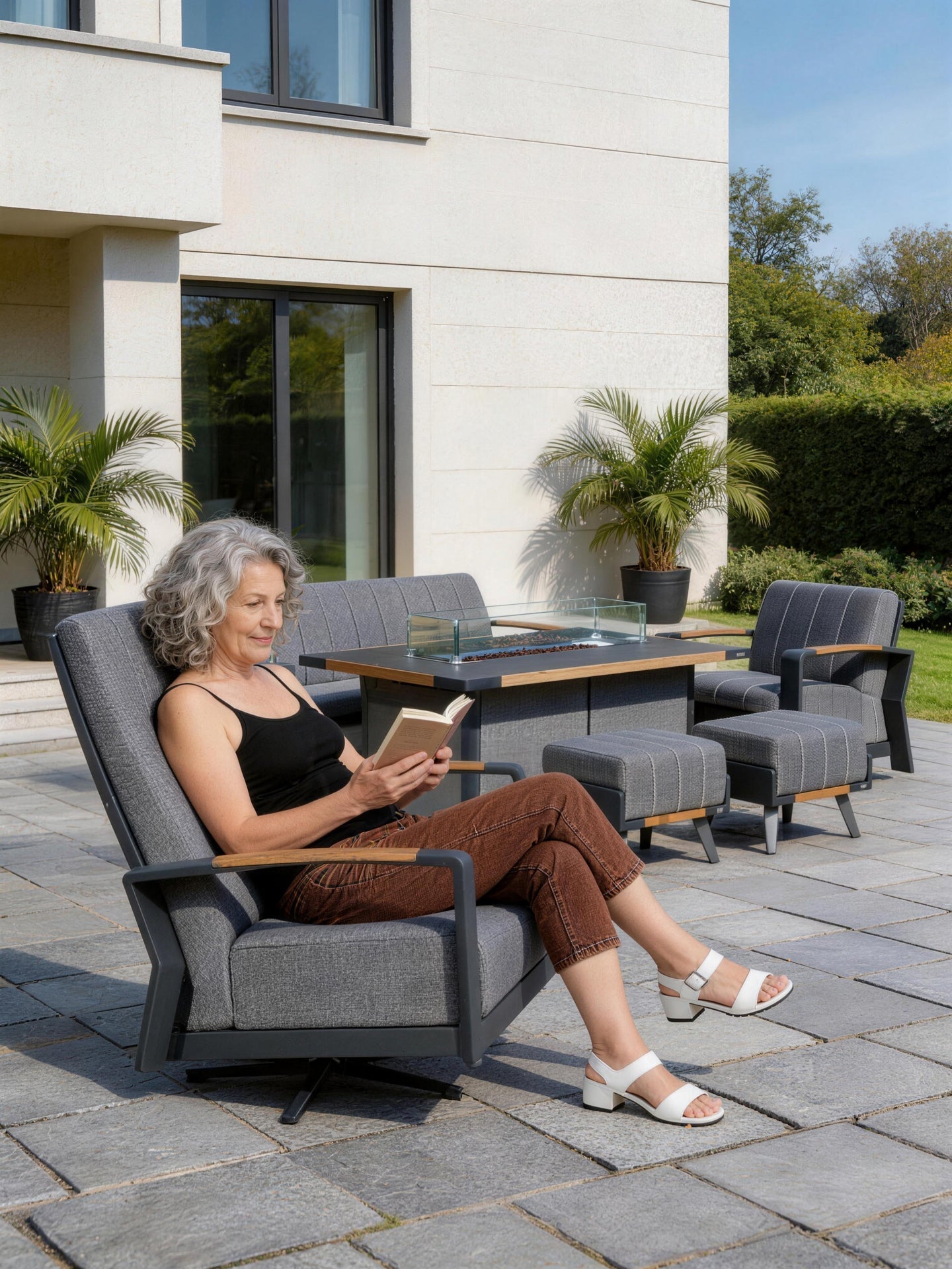 Aluminum Patio Gray Fire Pit Dining Set with Modern Gray Cushions (PAG - 2338+2335) - Direct Wicker