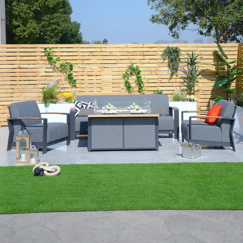 Aluminum Patio Gray Fire Pit Dining Set with Modern Gray Cushions (PAG - 2338+2335) - Direct Wicker