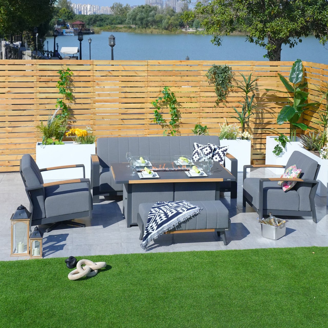 Aluminum Patio Gray Fire Pit Dining Set with Modern Gray Cushions (PAG - 2338+2335) - Direct Wicker