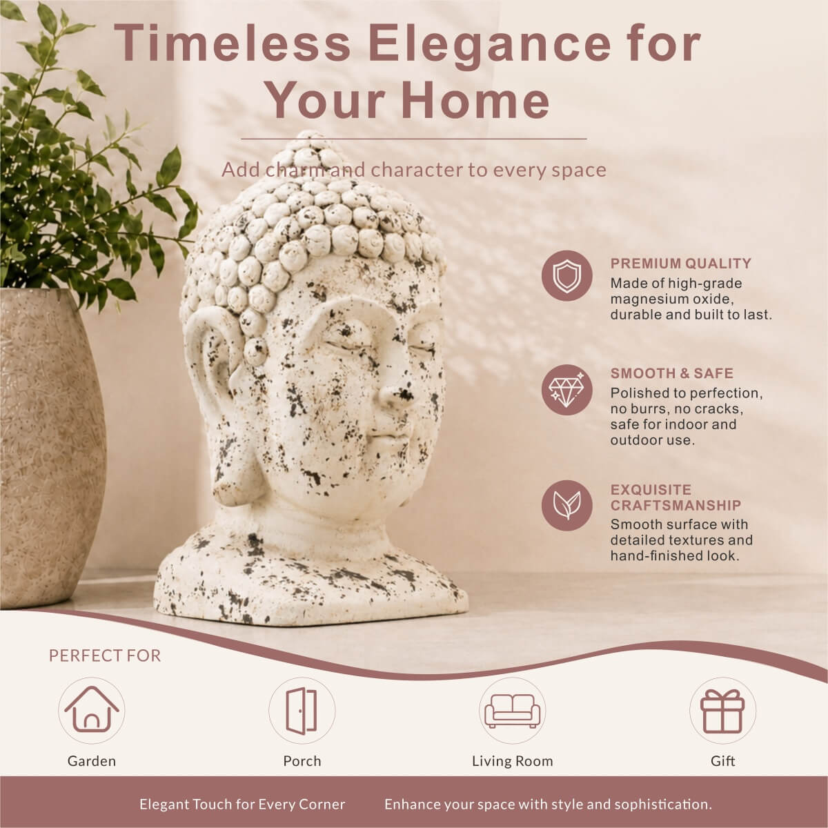Antique Weathered Buddha Head Magnesium Oxide Sculpture (GS-2615-BR-QZYY) - Direct Wicker