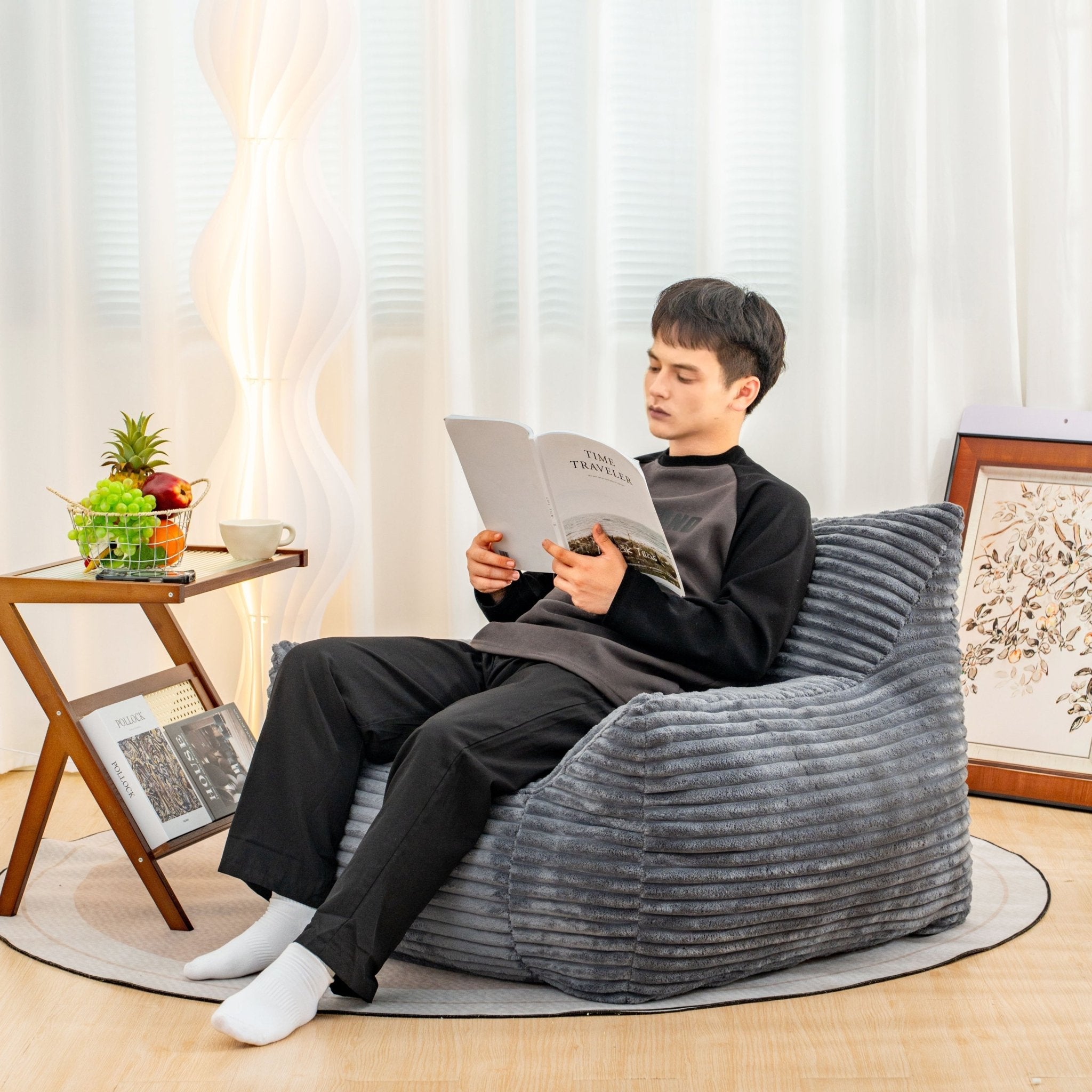 Bean Bag Chair for Adults with Armrests - Oversized Comfy Beige Beanbag Lounge - Direct Wicker