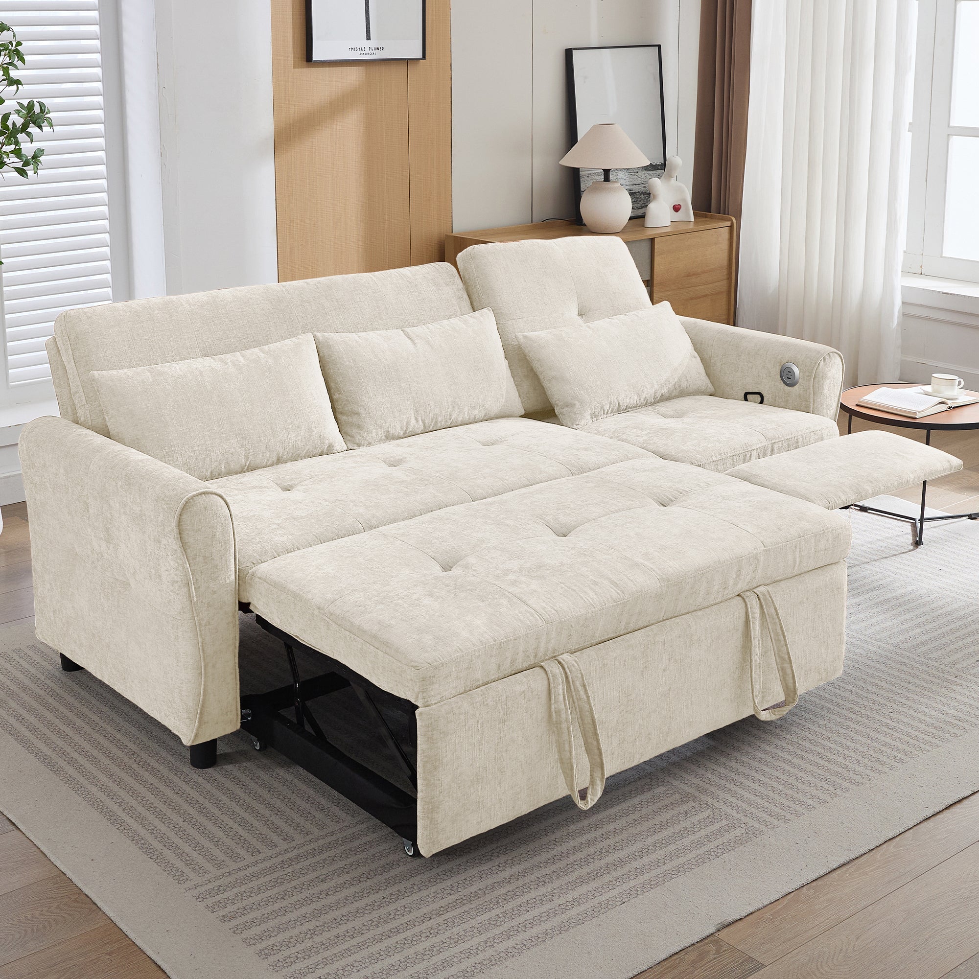 Beige 2 - in - 1 82' Three - seater Sofa with Pull - out Bed and Reversible Recliner (N719S002010A) - Direct Wicker