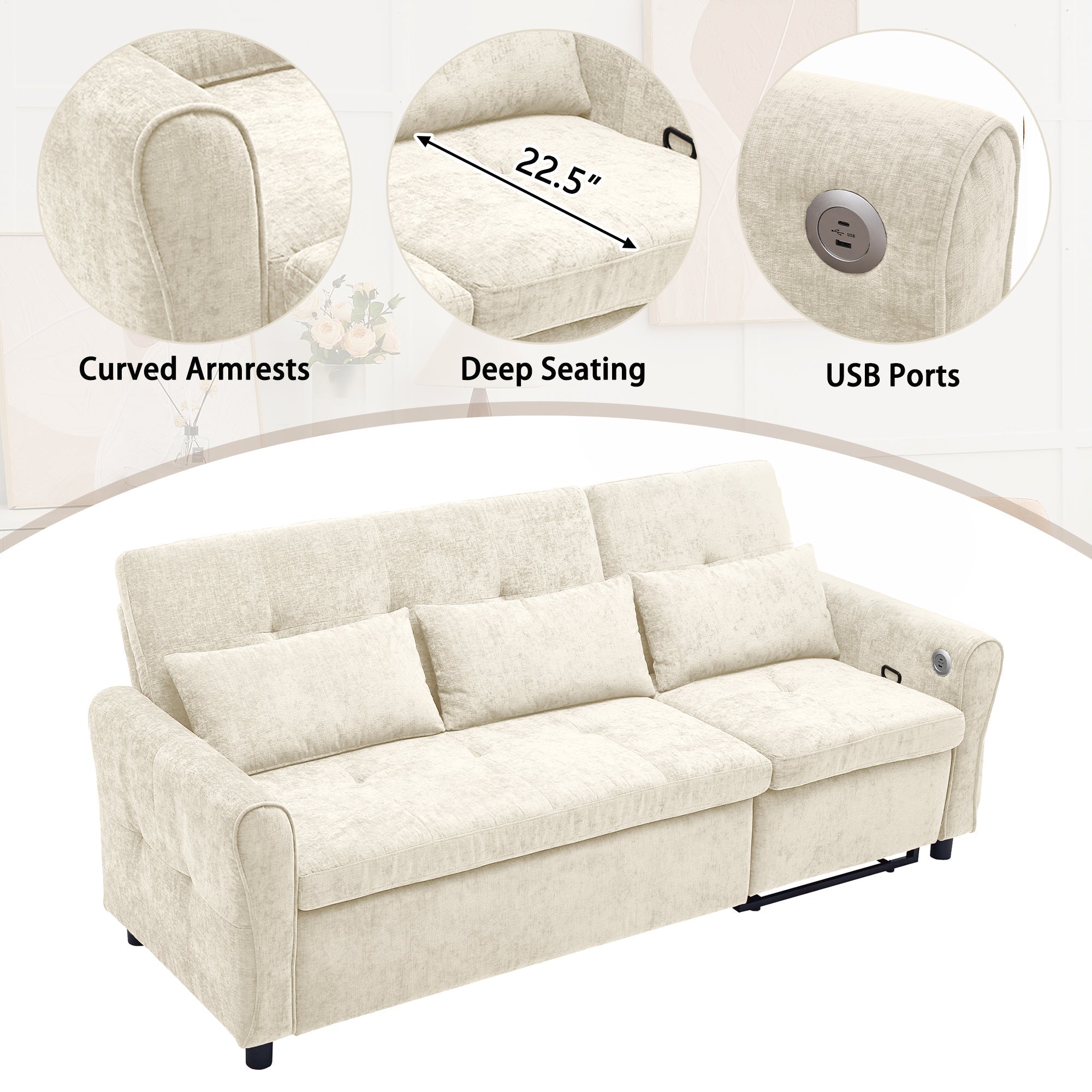 Beige 2 - in - 1 82' Three - seater Sofa with Pull - out Bed and Reversible Recliner (N719S002010A) - Direct Wicker