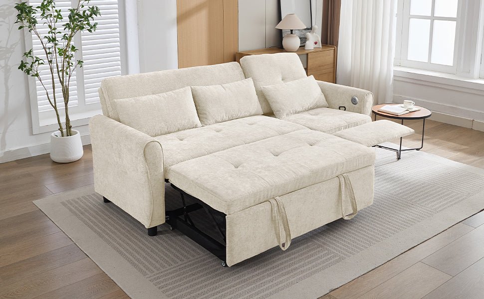 Beige 2 - in - 1 82' Three - seater Sofa with Pull - out Bed and Reversible Recliner (N719S002010A) - Direct Wicker