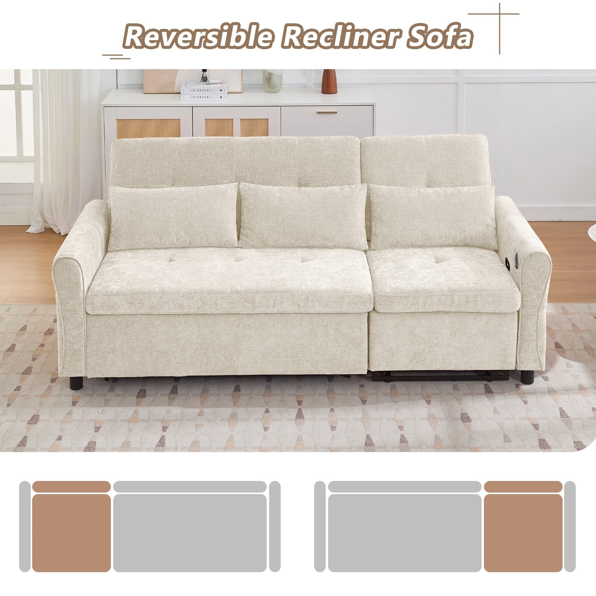 Beige 2 - in - 1 82' Three - seater Sofa with Pull - out Bed and Reversible Recliner (N719S002010A) - Direct Wicker