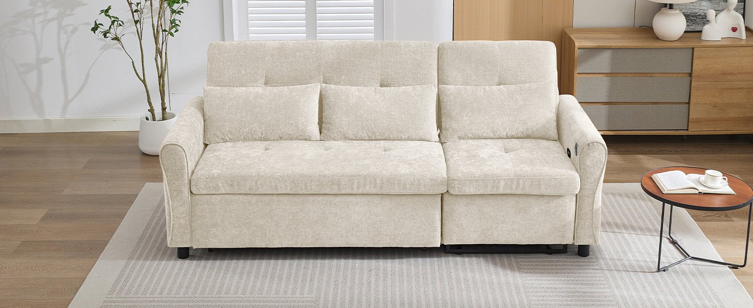 Beige 2 - in - 1 82' Three - seater Sofa with Pull - out Bed and Reversible Recliner (N719S002010A) - Direct Wicker