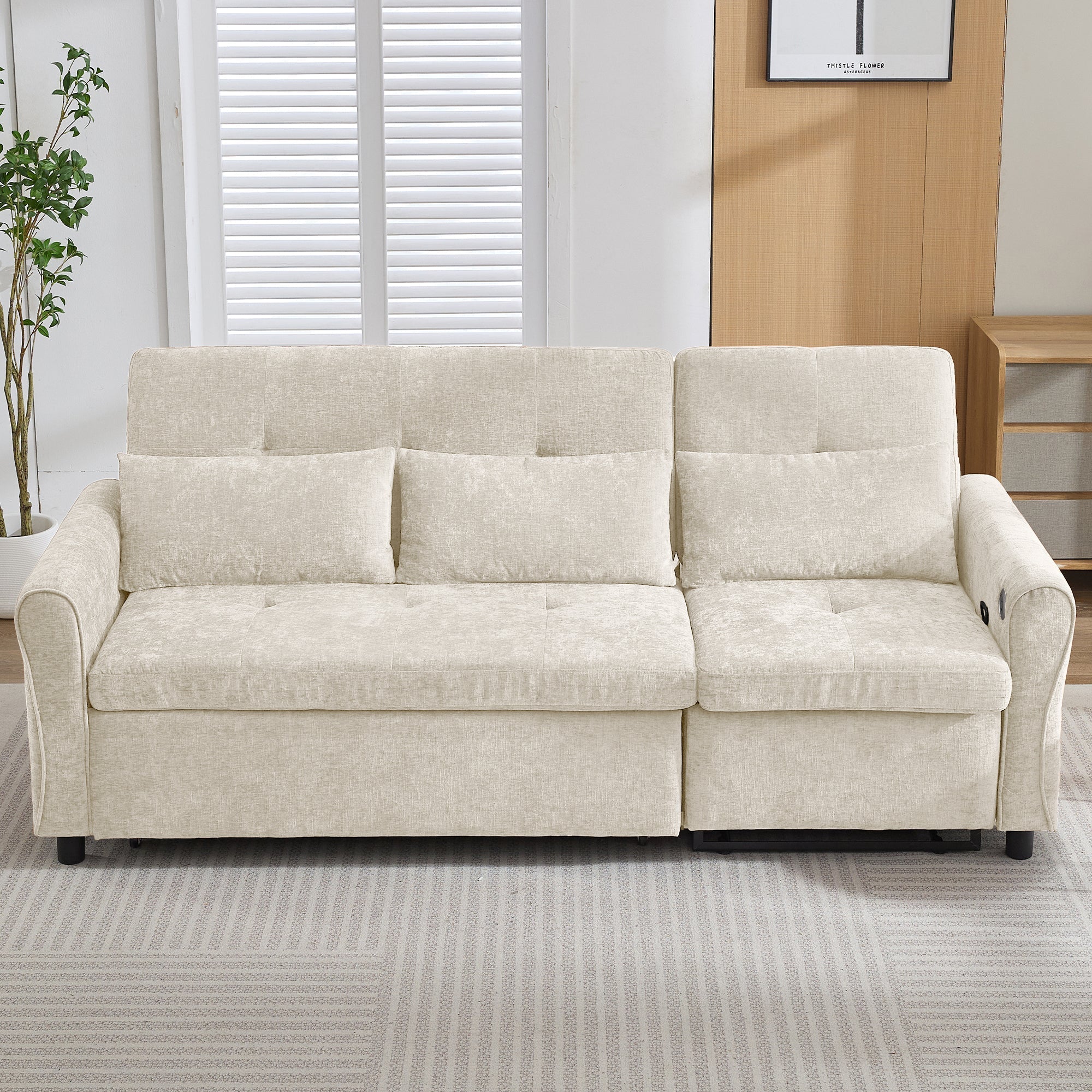 Beige 2 - in - 1 82' Three - seater Sofa with Pull - out Bed and Reversible Recliner (N719S002010A) - Direct Wicker