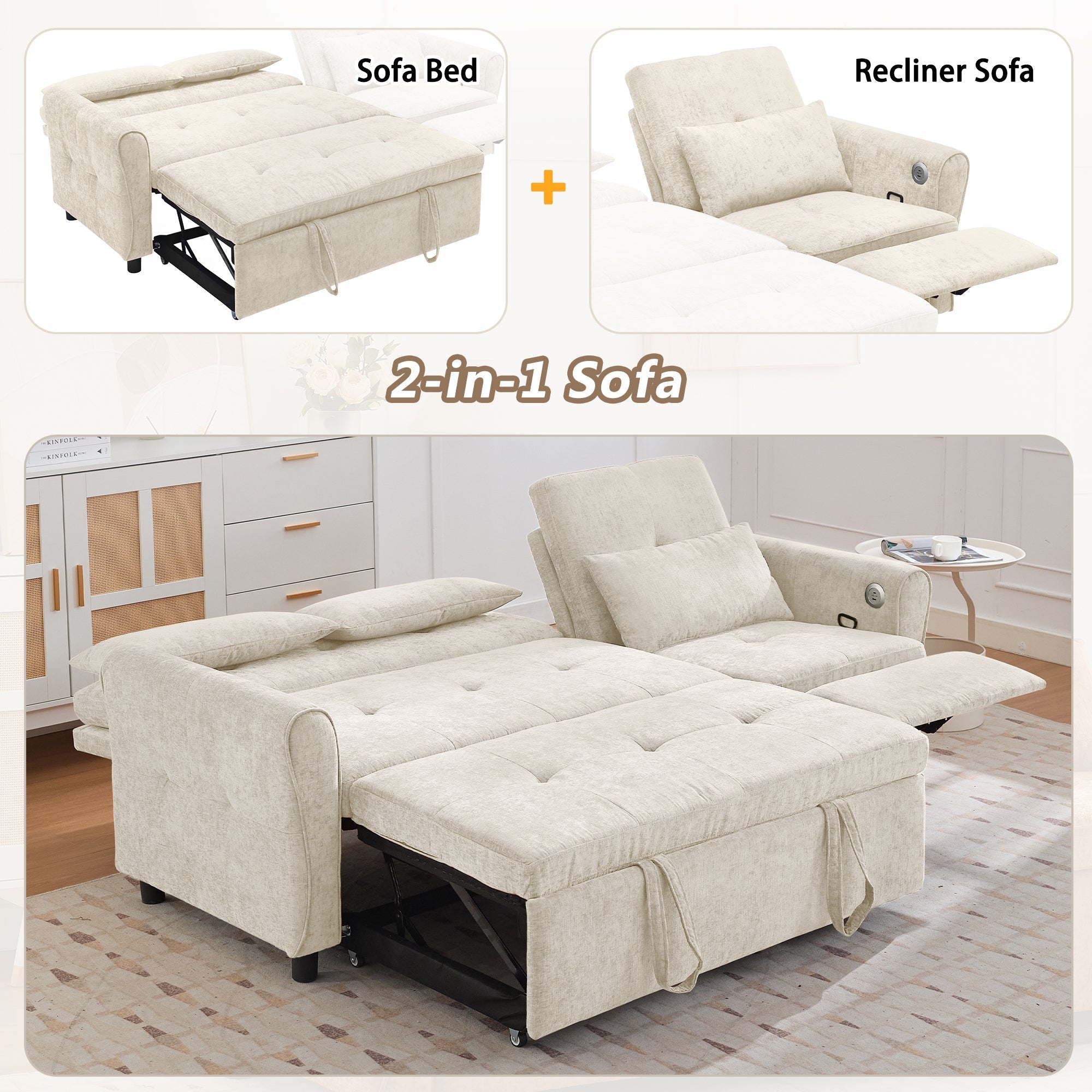 Beige 2 - in - 1 82' Three - seater Sofa with Pull - out Bed and Reversible Recliner (N719S002010A) - Direct Wicker
