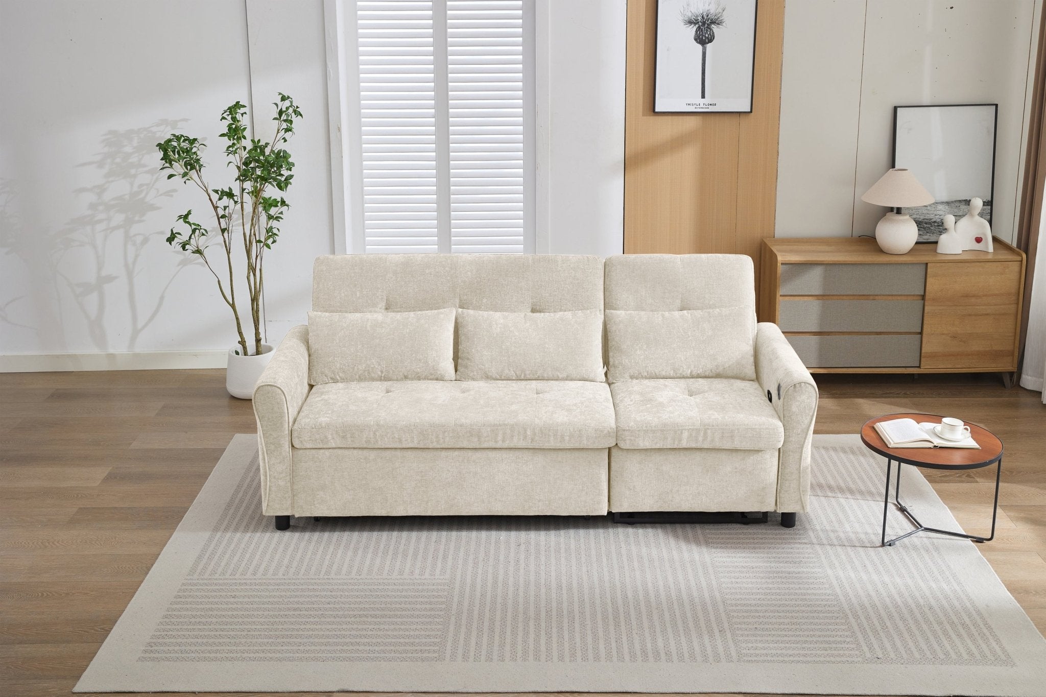 Beige 2 - in - 1 82' Three - seater Sofa with Pull - out Bed and Reversible Recliner (N719S002010A) - Direct Wicker