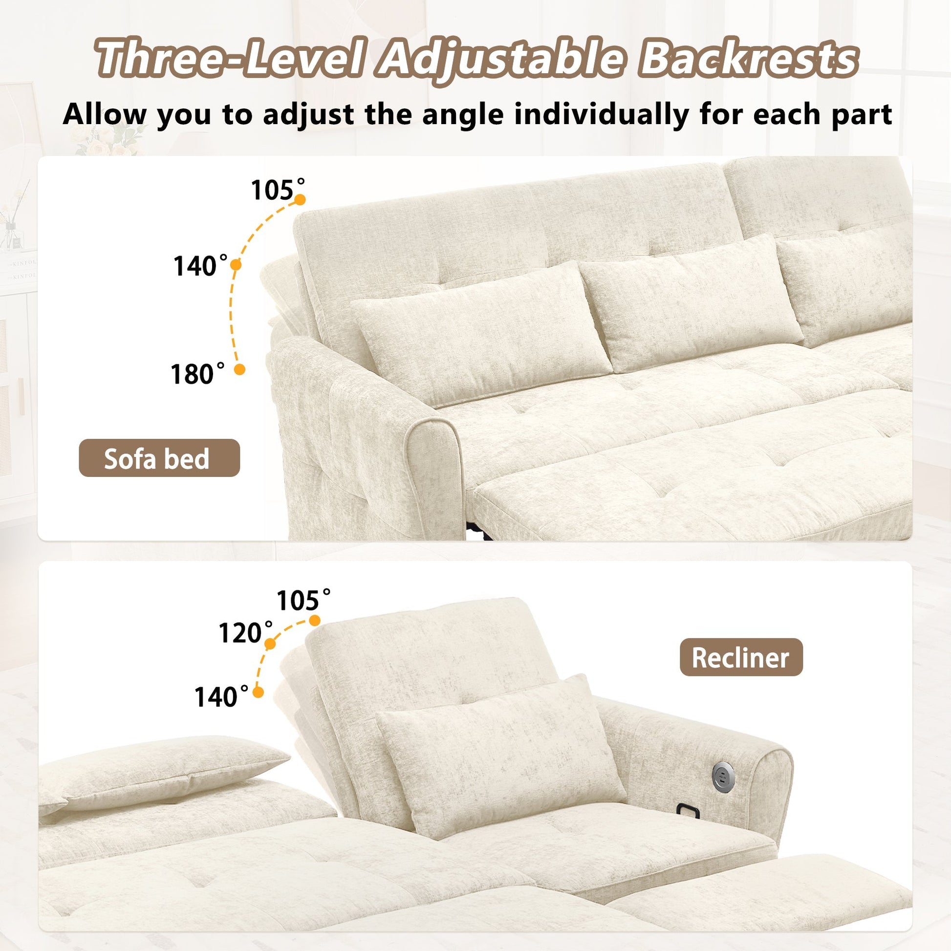 Beige 2 - in - 1 82' Three - seater Sofa with Pull - out Bed and Reversible Recliner (N719S002010A) - Direct Wicker