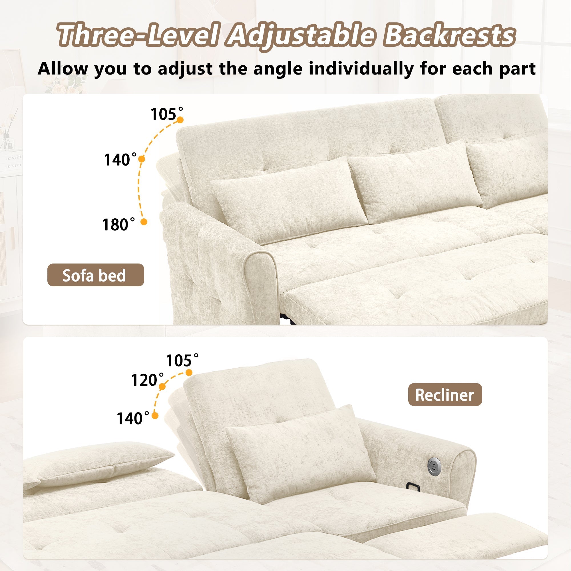 Beige 2 - in - 1 82' Three - seater Sofa with Pull - out Bed and Reversible Recliner (N719S002010A) - Direct Wicker
