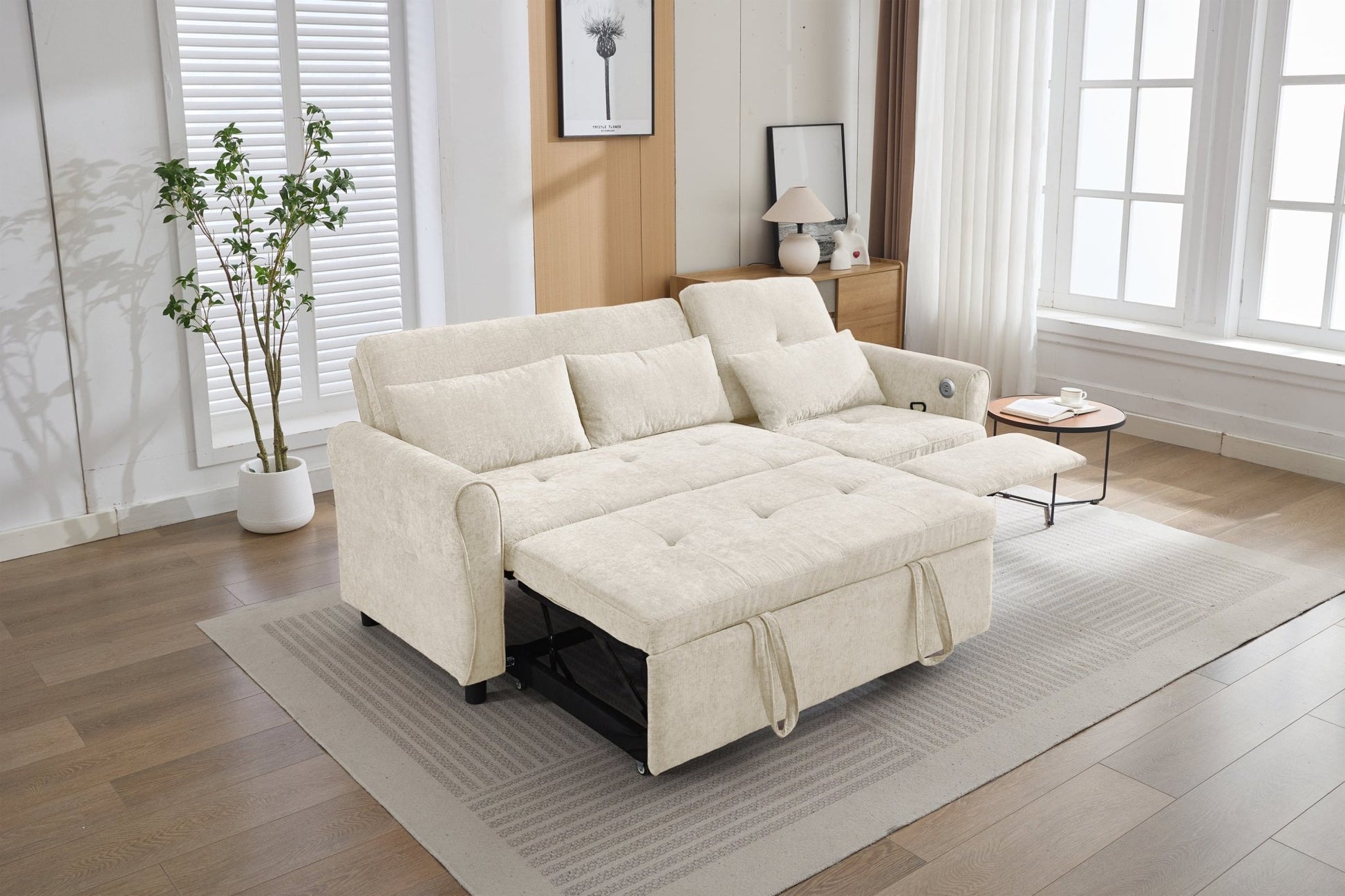 Beige 2 - in - 1 82' Three - seater Sofa with Pull - out Bed and Reversible Recliner (N719S002010A) - Direct Wicker