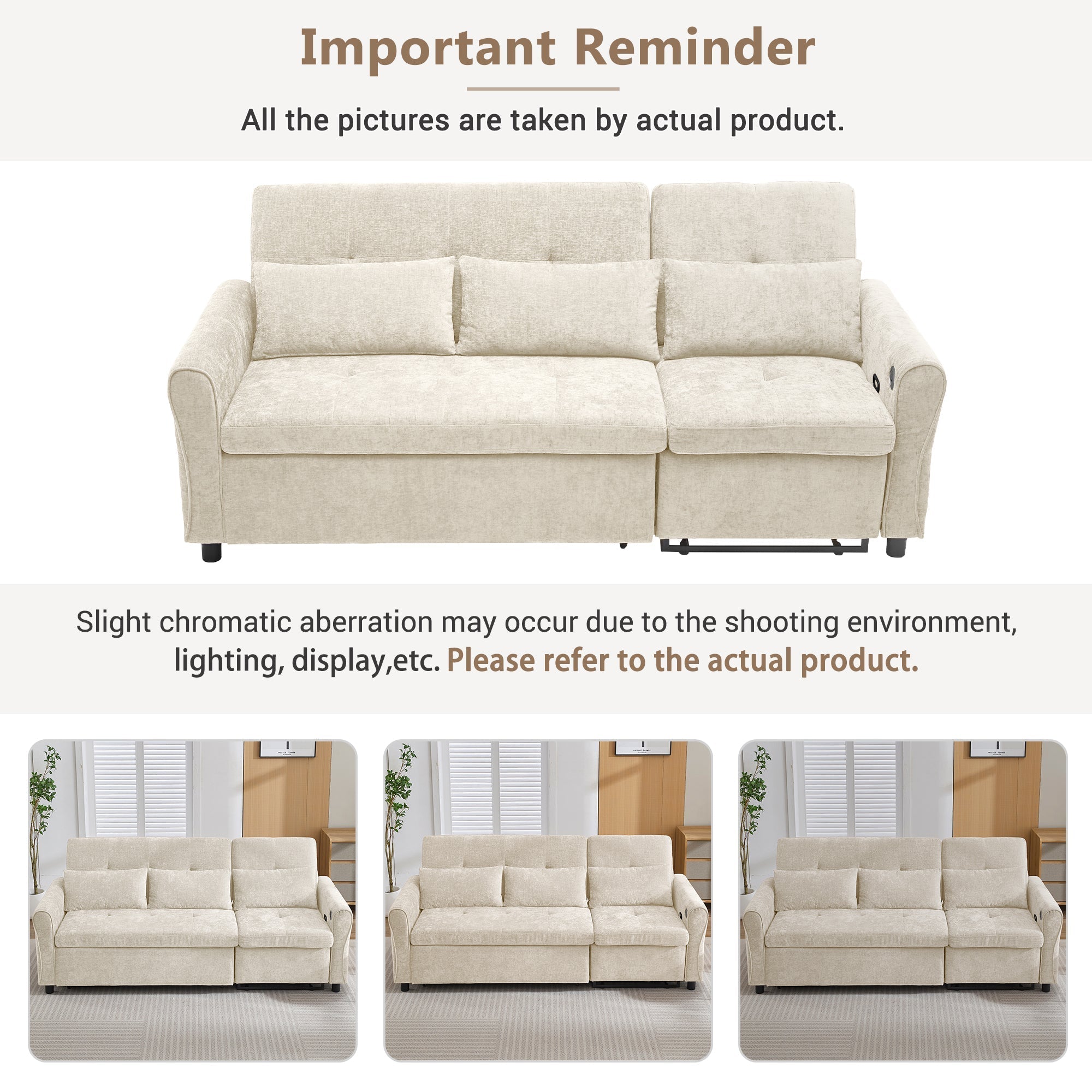 Beige 2 - in - 1 82' Three - seater Sofa with Pull - out Bed and Reversible Recliner (N719S002010A) - Direct Wicker