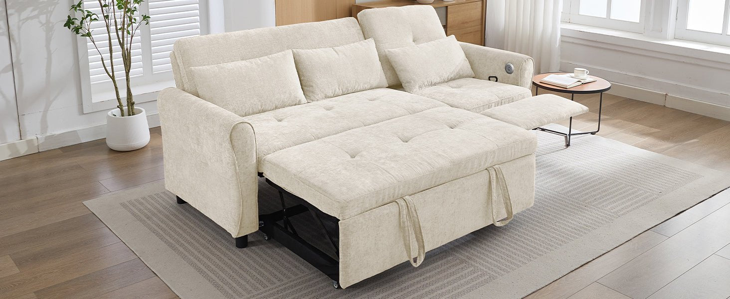 Beige 2 - in - 1 82' Three - seater Sofa with Pull - out Bed and Reversible Recliner (N719S002010A) - Direct Wicker