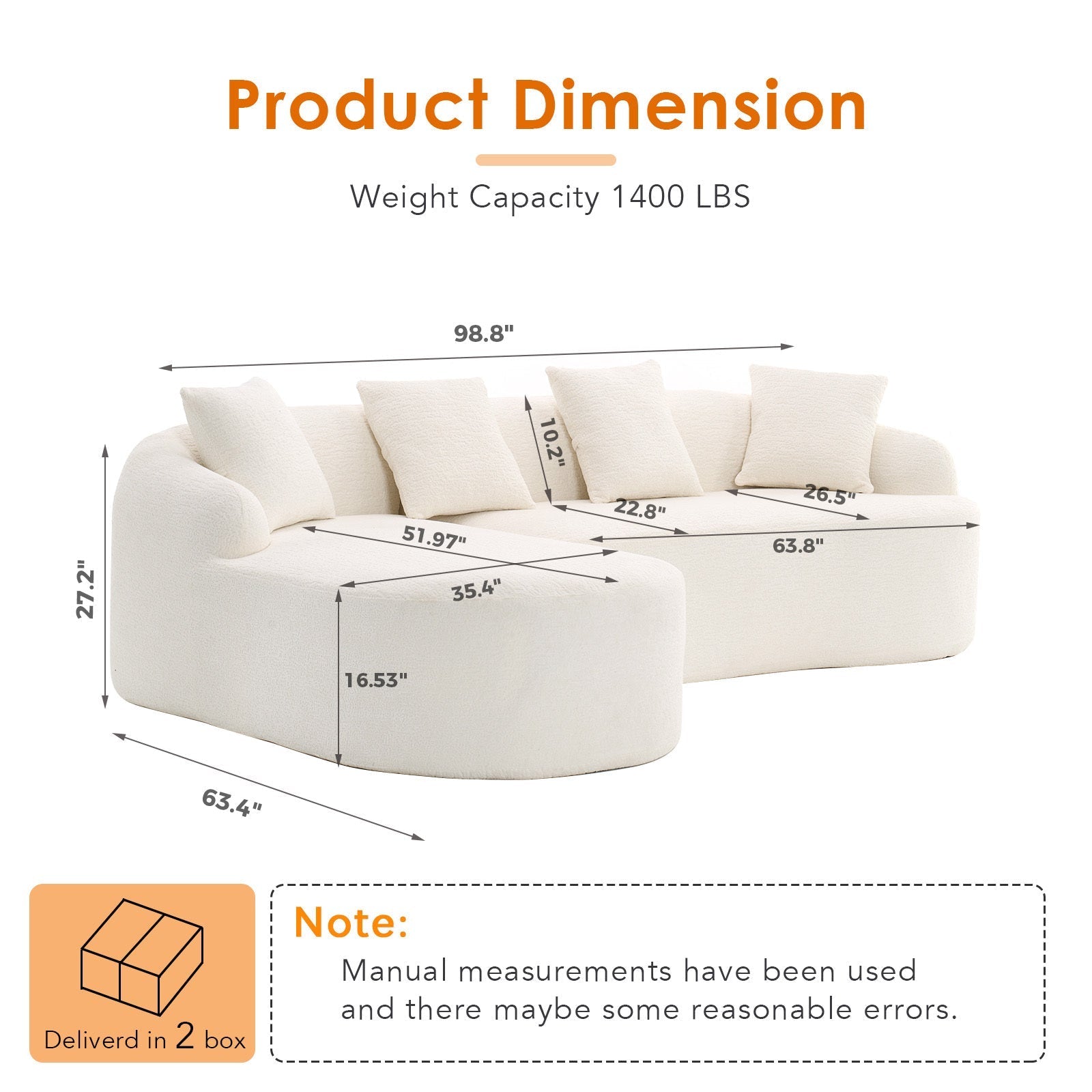 Boneless L - Shape Sectional Sofa with Curved Chaise,White Compression Sofa (W2231S00008) - Direct Wicker