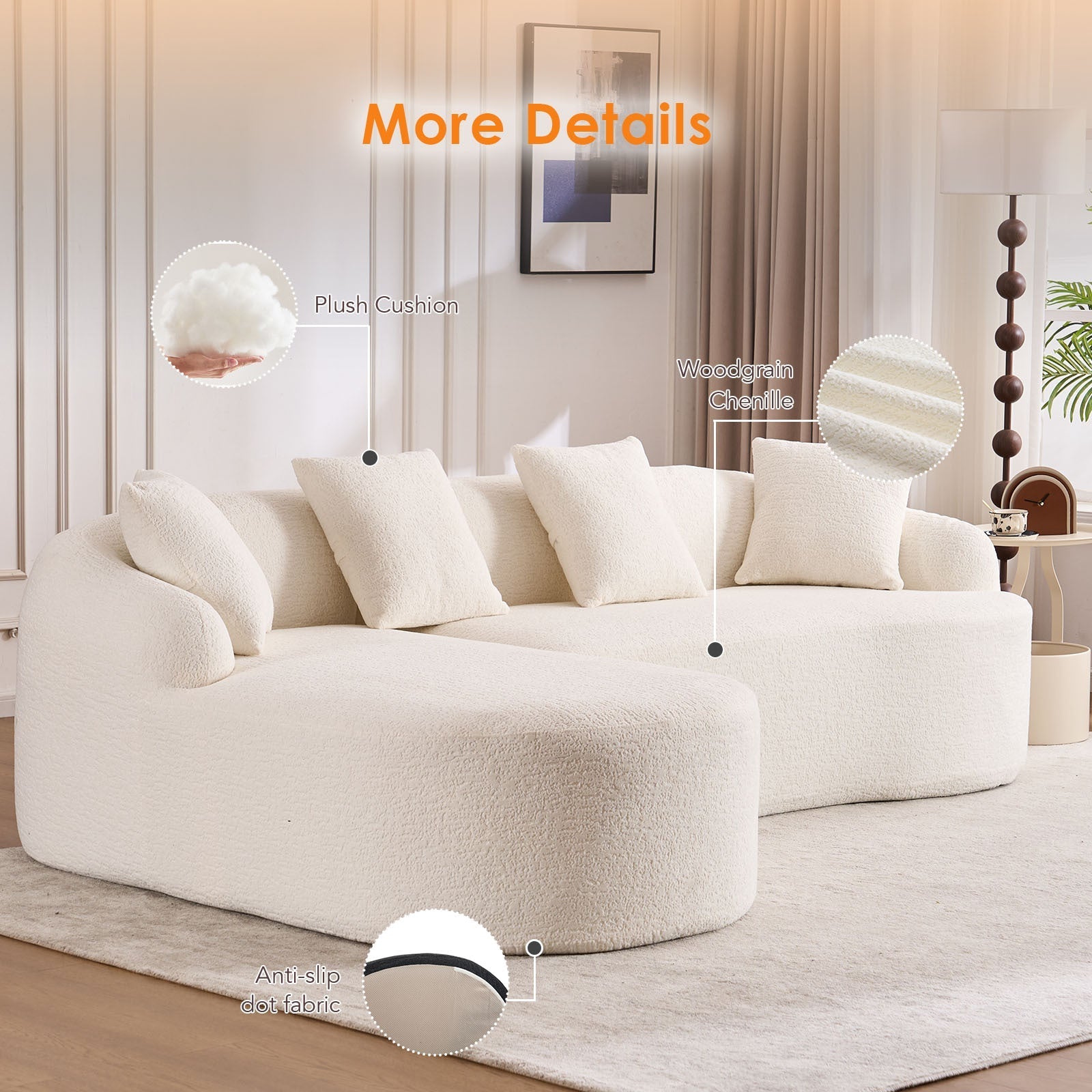 Boneless L - Shape Sectional Sofa with Curved Chaise,White Compression Sofa (W2231S00008) - Direct Wicker