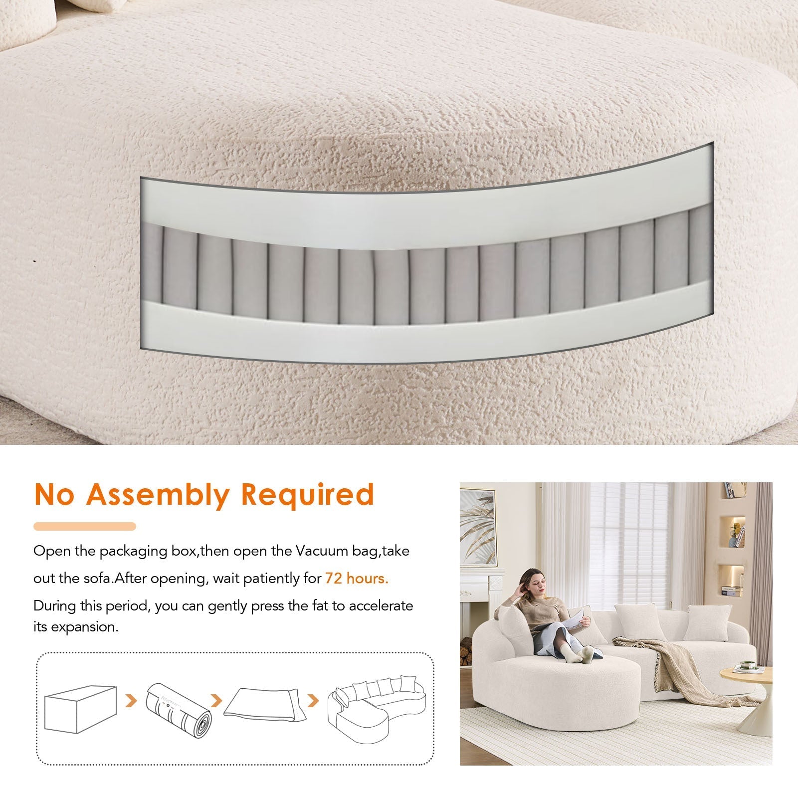 Boneless L - Shape Sectional Sofa with Curved Chaise,White Compression Sofa (W2231S00008) - Direct Wicker