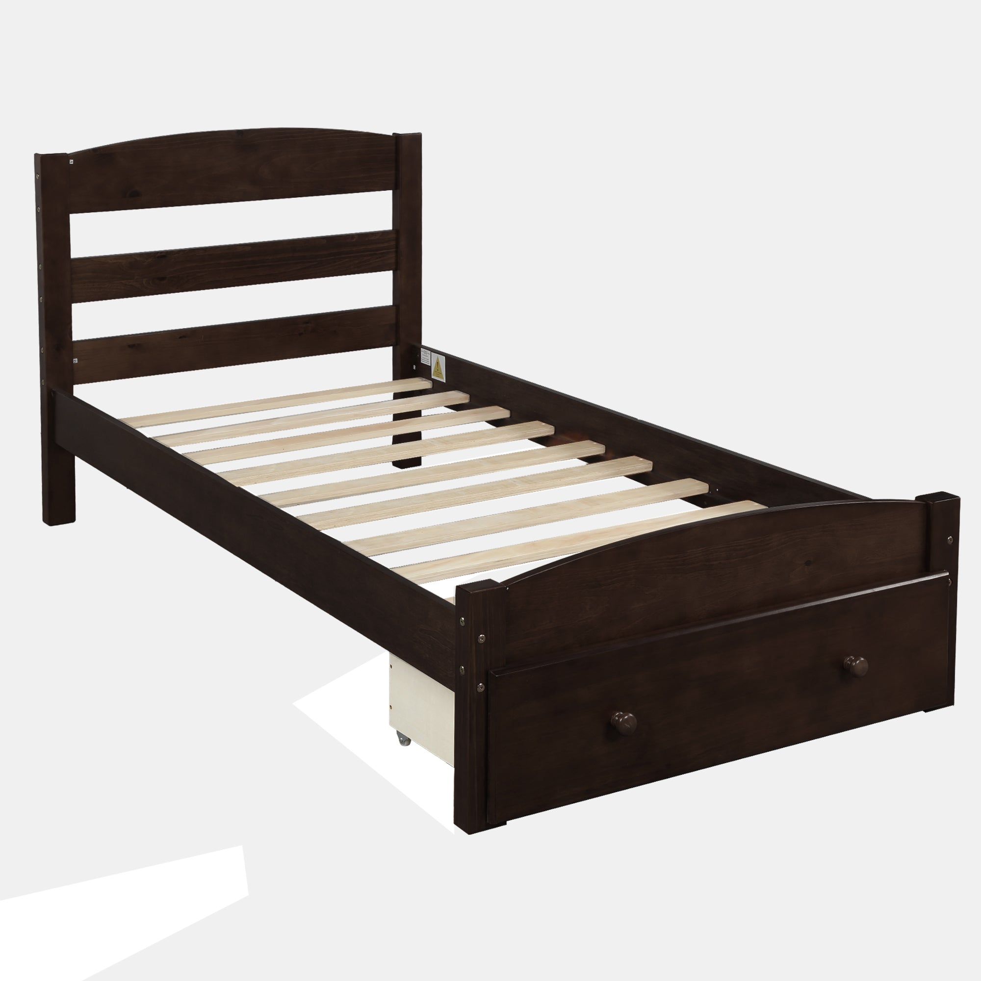Espresso Platform Twin Bed Frame with Storage Drawer and Wood Slat Support (WF191655AAP)