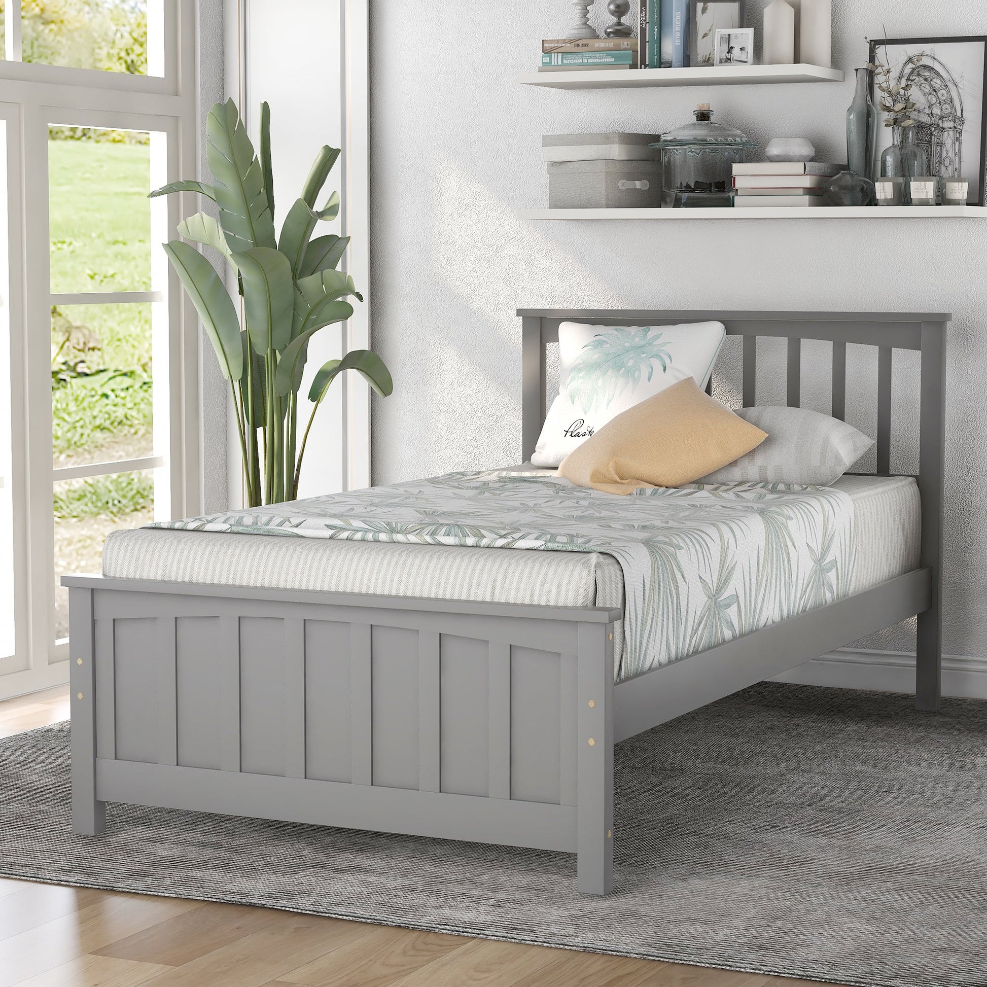 Classic Gray Wood Platform Bed Twin Size with Headboard and Footboard (WF195377AAE) - Direct Wicker