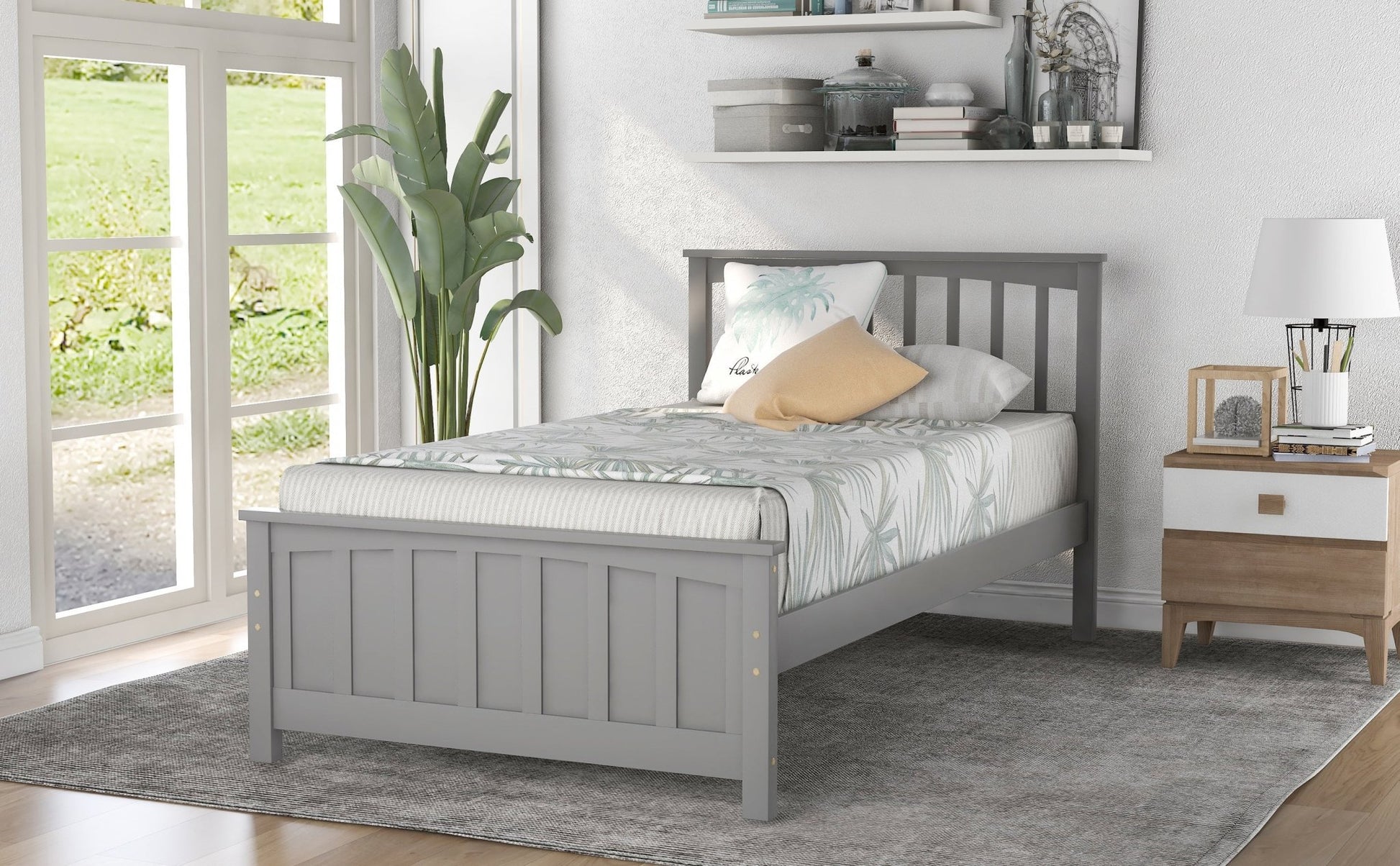Classic Gray Wood Platform Bed Twin Size with Headboard and Footboard (WF195377AAE) - Direct Wicker