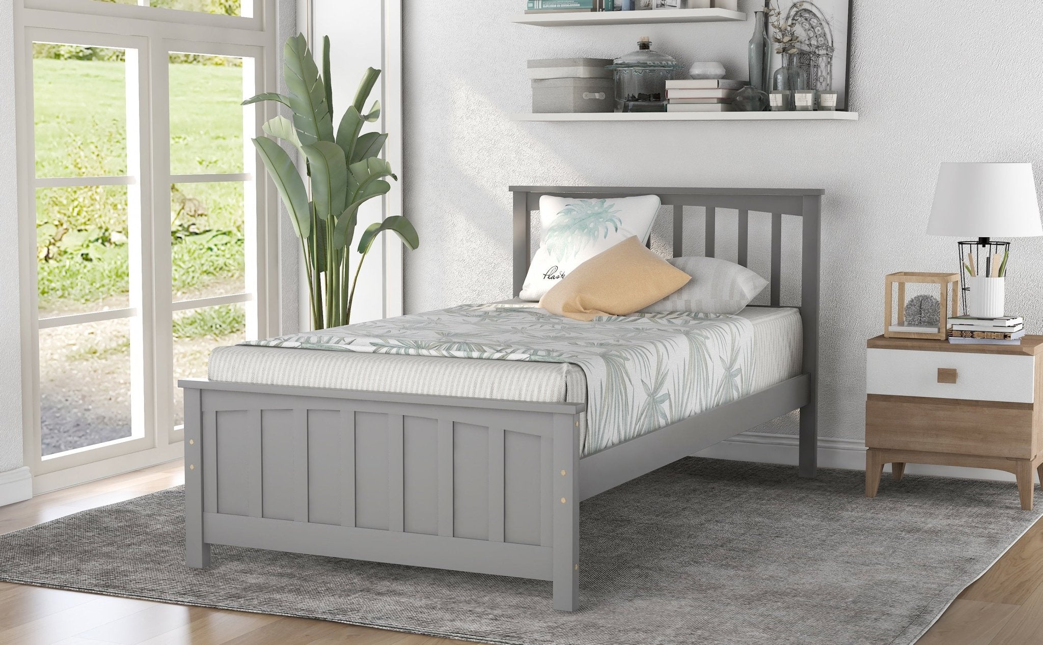 Classic Gray Wood Platform Bed Twin Size with Headboard and Footboard (WF195377AAE) - Direct Wicker