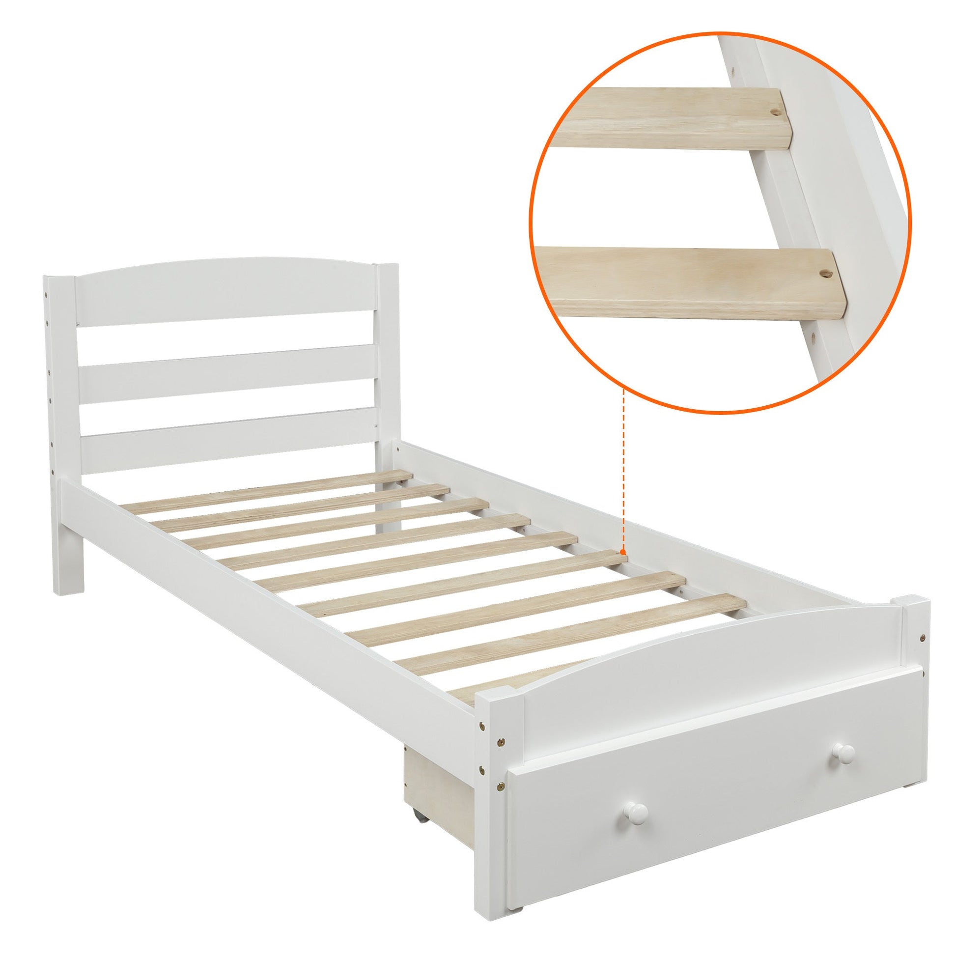 Classic Pine Wood Platform Twin Bed Frame with Storage Drawer, White Finish, No Box Spring Needed - Direct Wicker
