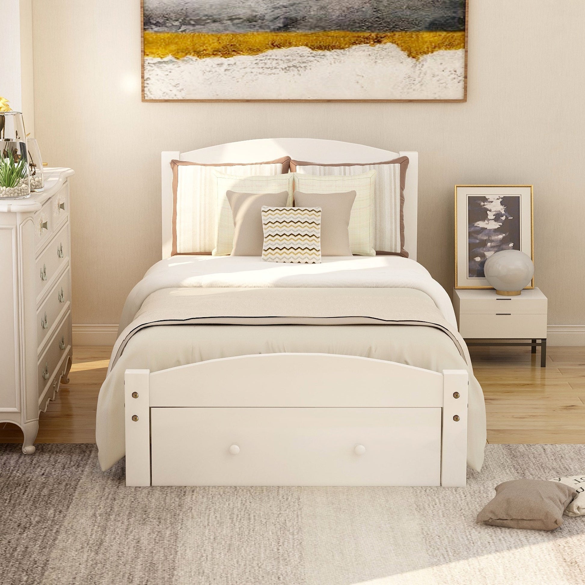 Classic Pine Wood Platform Twin Bed Frame with Storage Drawer, White Finish, No Box Spring Needed - Direct Wicker