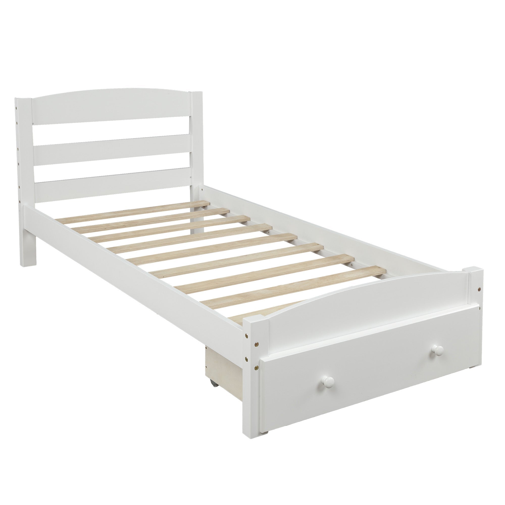 Classic Pine Wood Platform Twin Bed Frame with Storage Drawer, White Finish, No Box Spring Needed - Direct Wicker