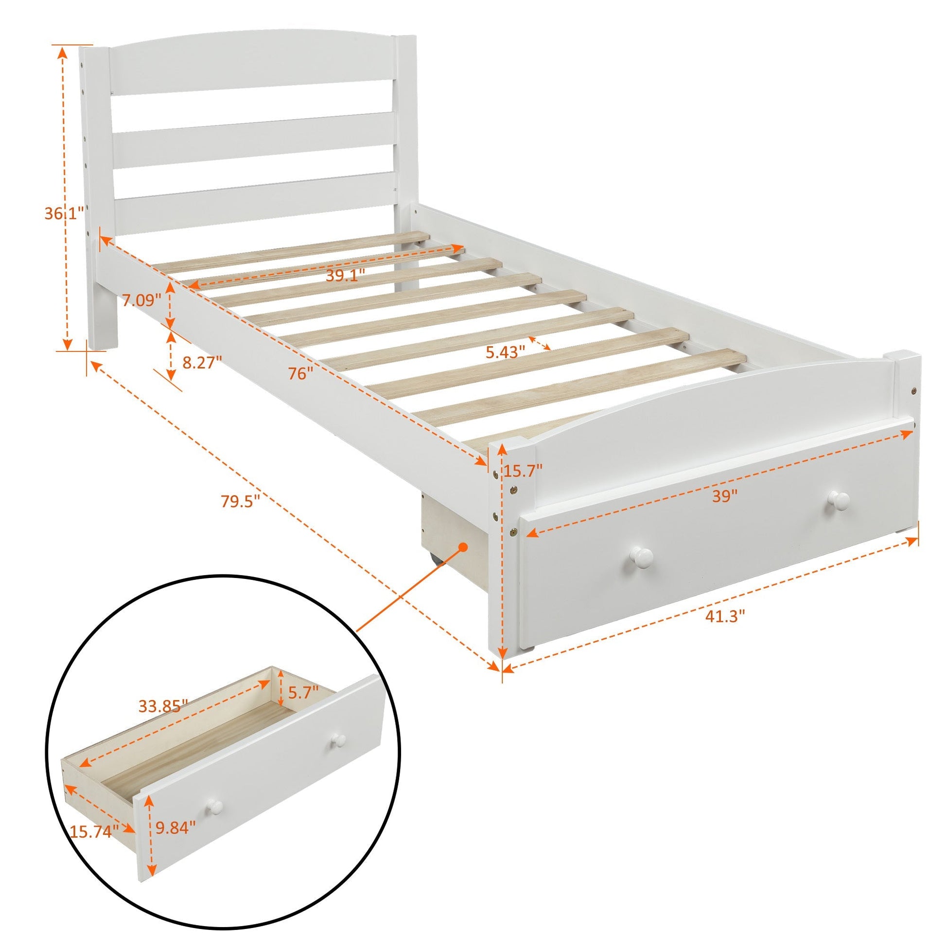 Classic Pine Wood Platform Twin Bed Frame with Storage Drawer, White Finish, No Box Spring Needed - Direct Wicker