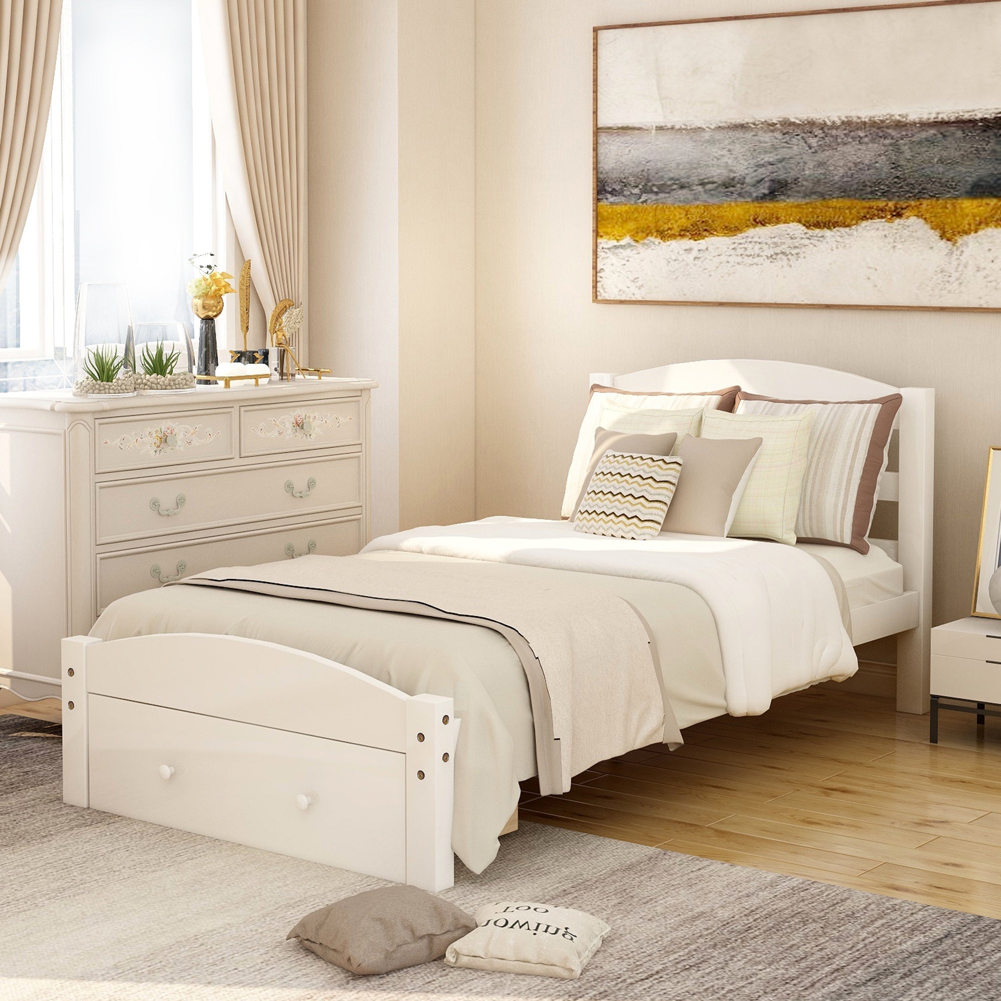 Classic Pine Wood Platform Twin Bed Frame with Storage Drawer, White Finish, No Box Spring Needed - Direct Wicker