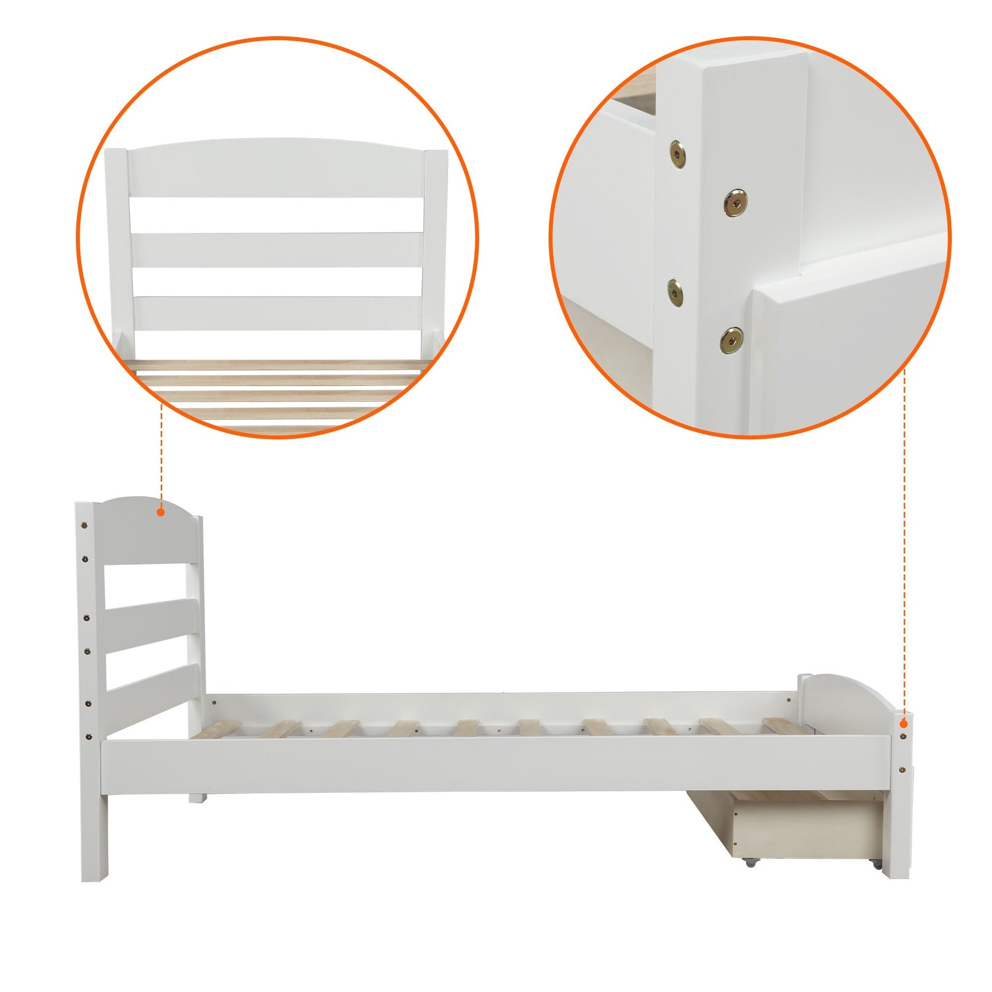 Classic Pine Wood Platform Twin Bed Frame with Storage Drawer, White Finish, No Box Spring Needed - Direct Wicker