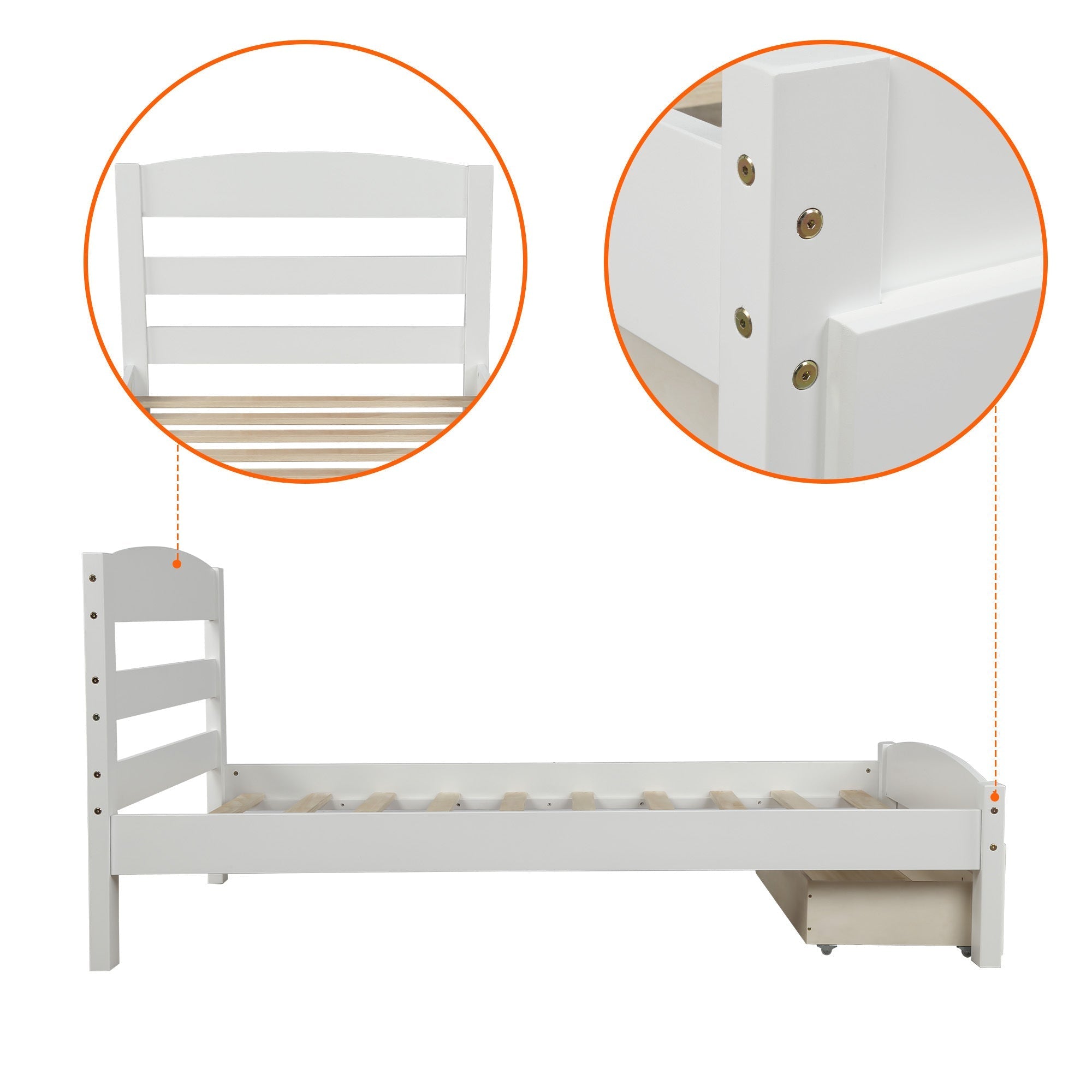 Classic Pine Wood Platform Twin Bed Frame with Storage Drawer, White Finish, No Box Spring Needed - Direct Wicker
