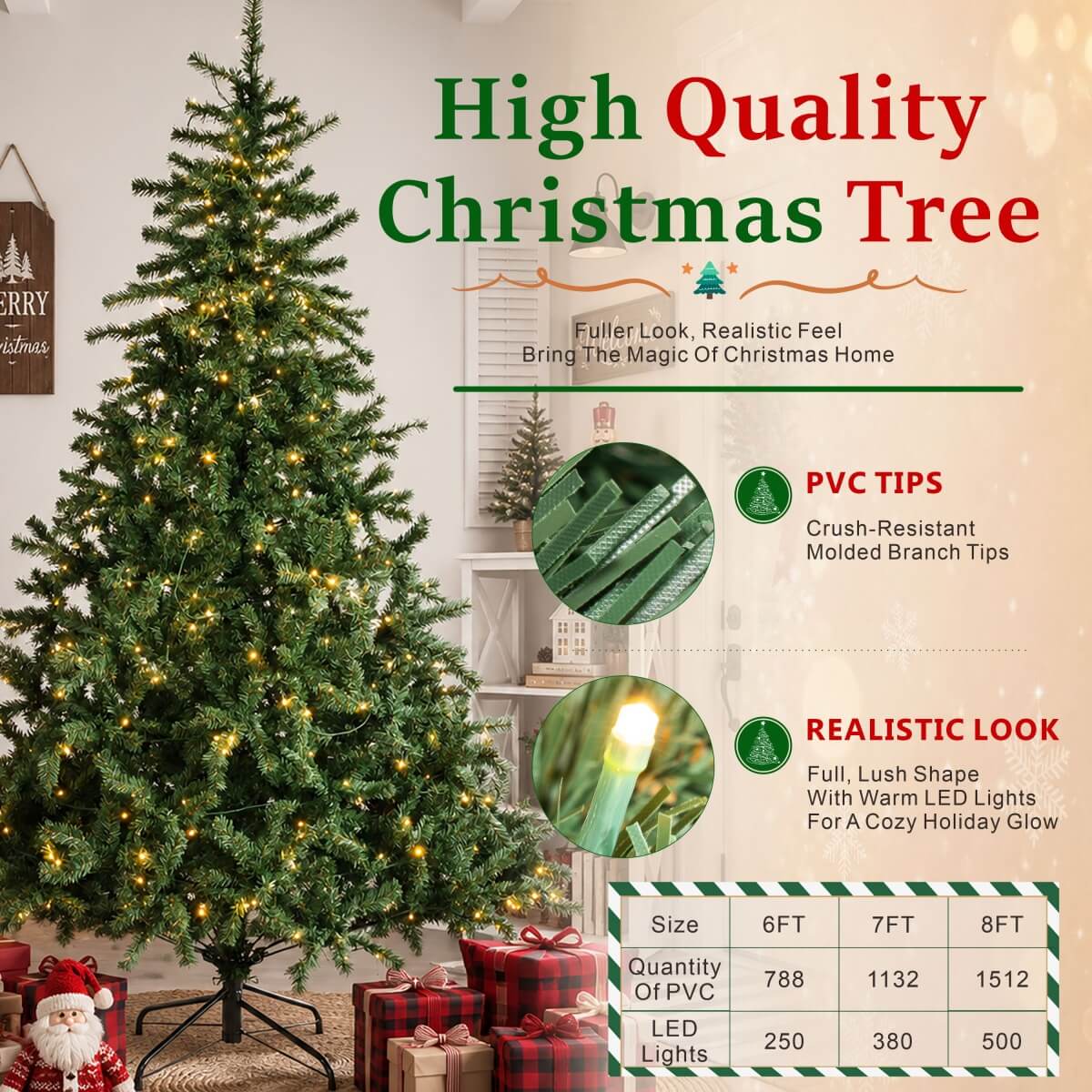 Classic Pre-Lit Artificial Christmas Tree with Warm White LED Lights, 8 Lighting Modes, Full PVC Branches &amp; Metal Stand – 6 FT, 7 FT &amp; 8 FT - Direct Wicker