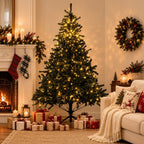 Classic Pre-Lit Artificial Christmas Tree with Warm White LED Lights, 8 Lighting Modes, Full PVC Branches &amp; Metal Stand – 6 FT, 7 FT &amp; 8 FT - Direct Wicker