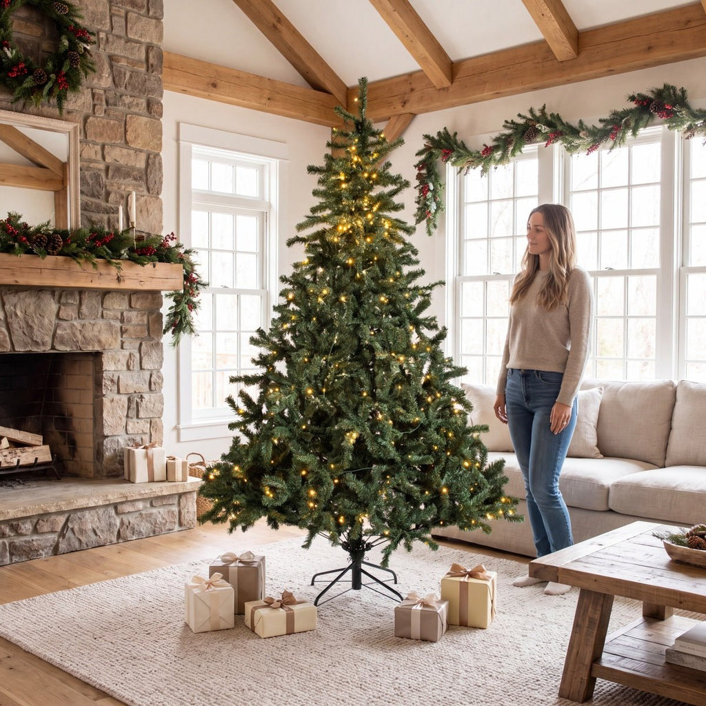 Classic Pre-Lit Artificial Christmas Tree with Warm White LED Lights, 8 Lighting Modes, Full PVC Branches &amp; Metal Stand – 6 FT, 7 FT &amp; 8 FT - Direct Wicker