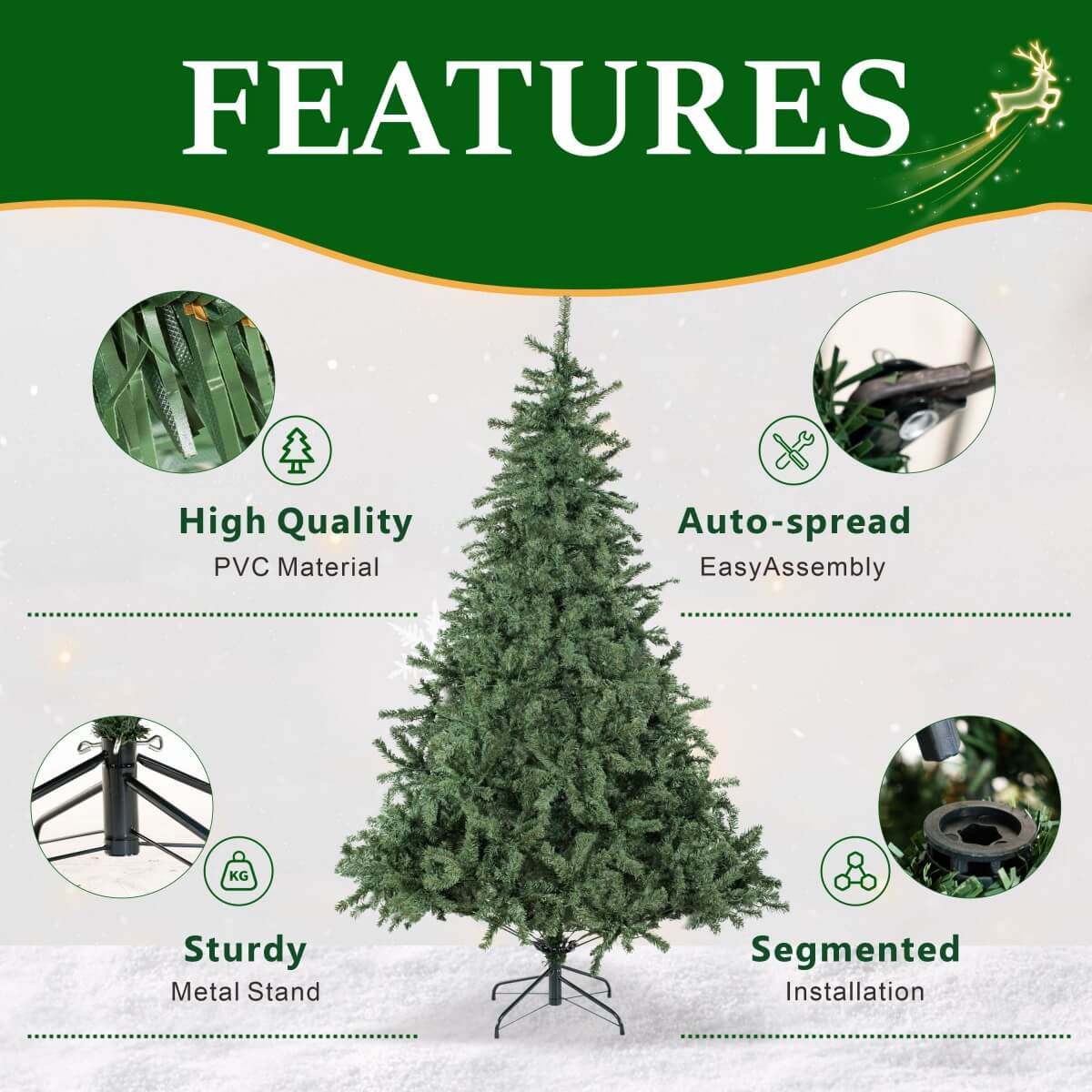 Classic Unlit Artificial Christmas Tree with Full PVC Automatic-Opening Branches & Sturdy Metal Stand – 6 FT, 7 FT & 8 FT（PAT-010） - Direct Wicker