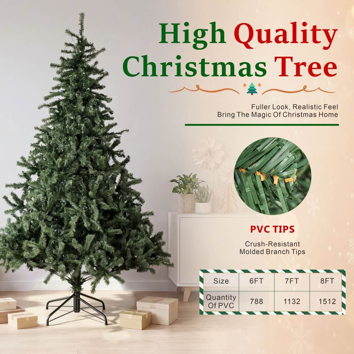 Classic Unlit Artificial Christmas Tree with Full PVC Automatic-Opening Branches & Sturdy Metal Stand – 6 FT, 7 FT & 8 FT（PAT-010） - Direct Wicker