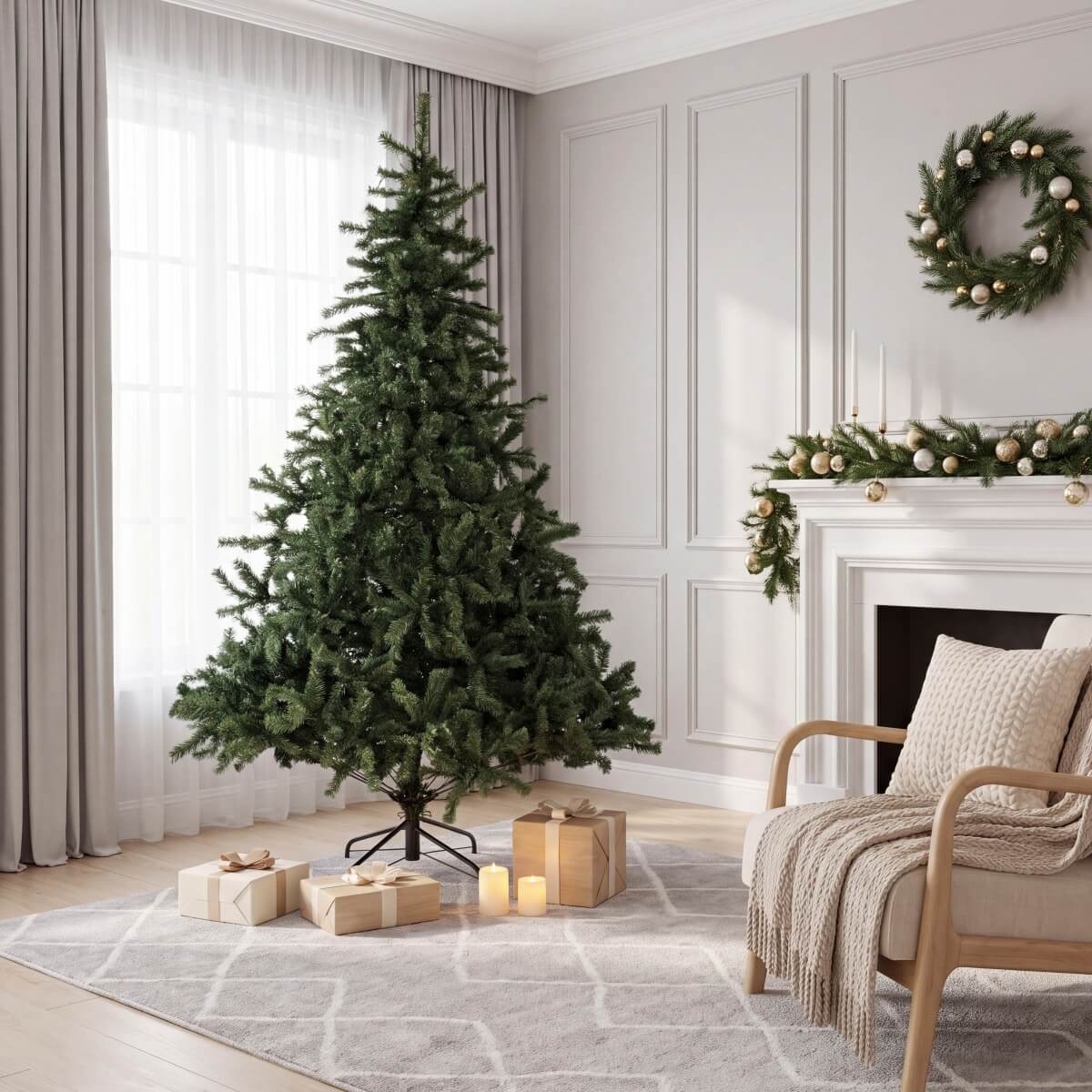 Classic Unlit Artificial Christmas Tree with Full PVC Automatic-Opening Branches & Sturdy Metal Stand – 6 FT, 7 FT & 8 FT（PAT-010） - Direct Wicker