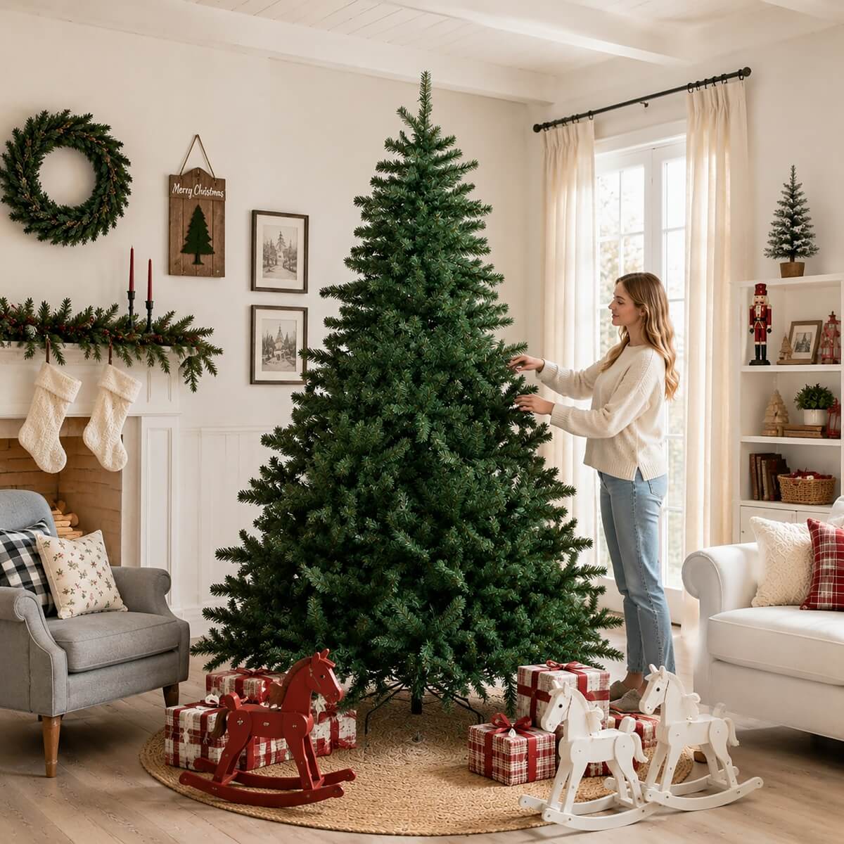 Classic Unlit Artificial Christmas Tree with Full PVC Automatic-Opening Branches & Sturdy Metal Stand – 6 FT, 7 FT & 8 FT（PAT-010） - Direct Wicker