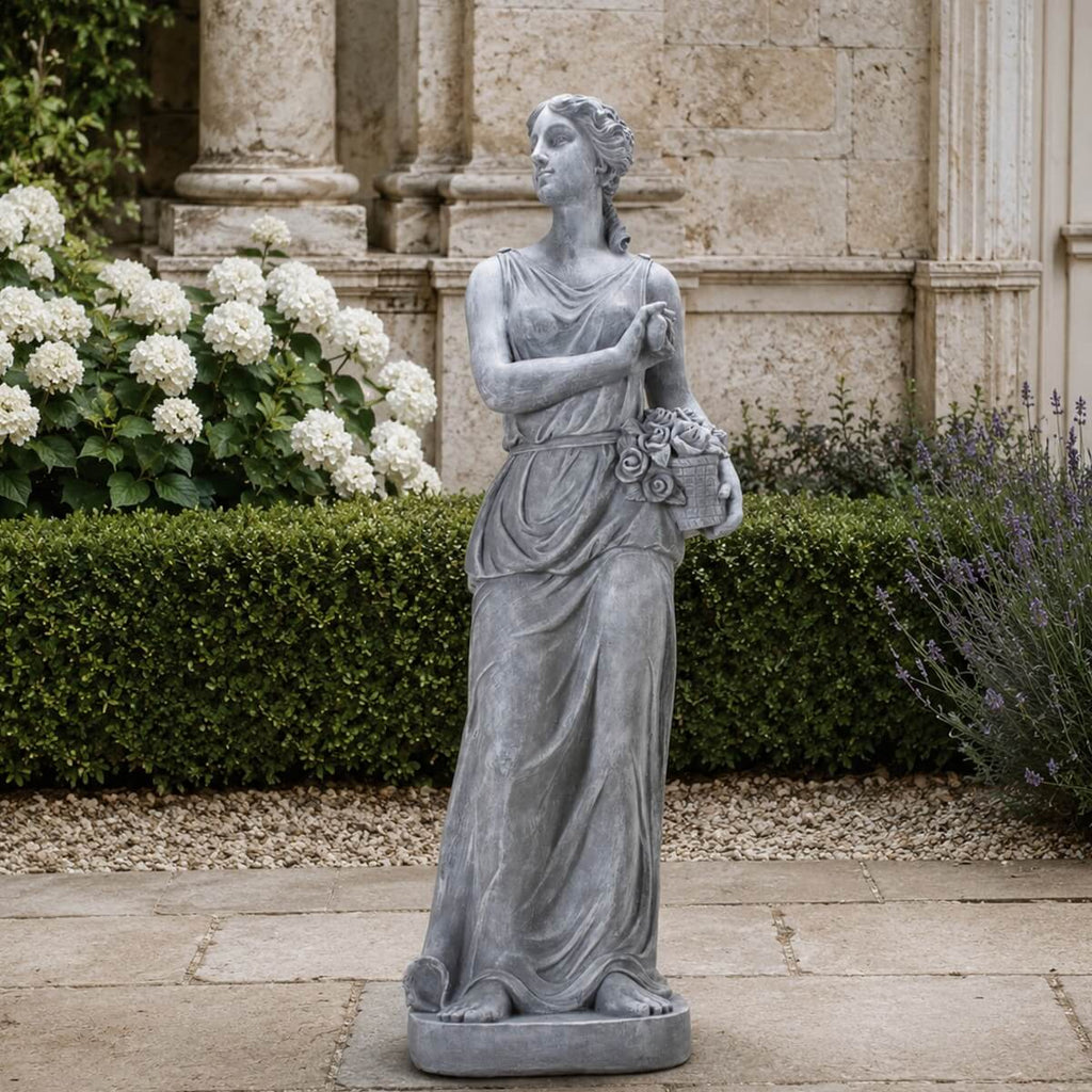 Classical Maiden Holding Flower Basket Magnesium Oxide Sculpture (GS-2650-WH-CY) - Direct Wicker