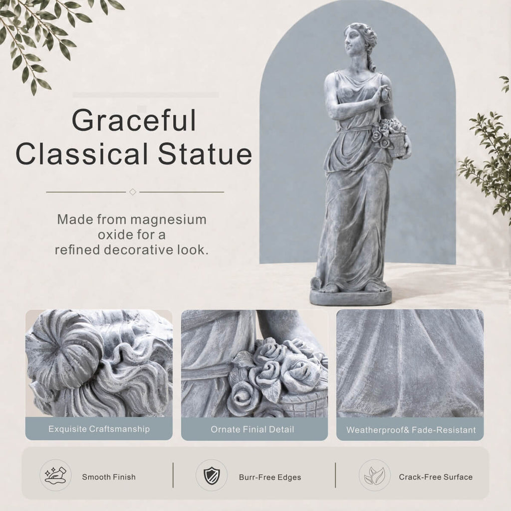 Classical Maiden Holding Flower Basket Magnesium Oxide Sculpture (GS-2650-WH-CY) - Direct Wicker