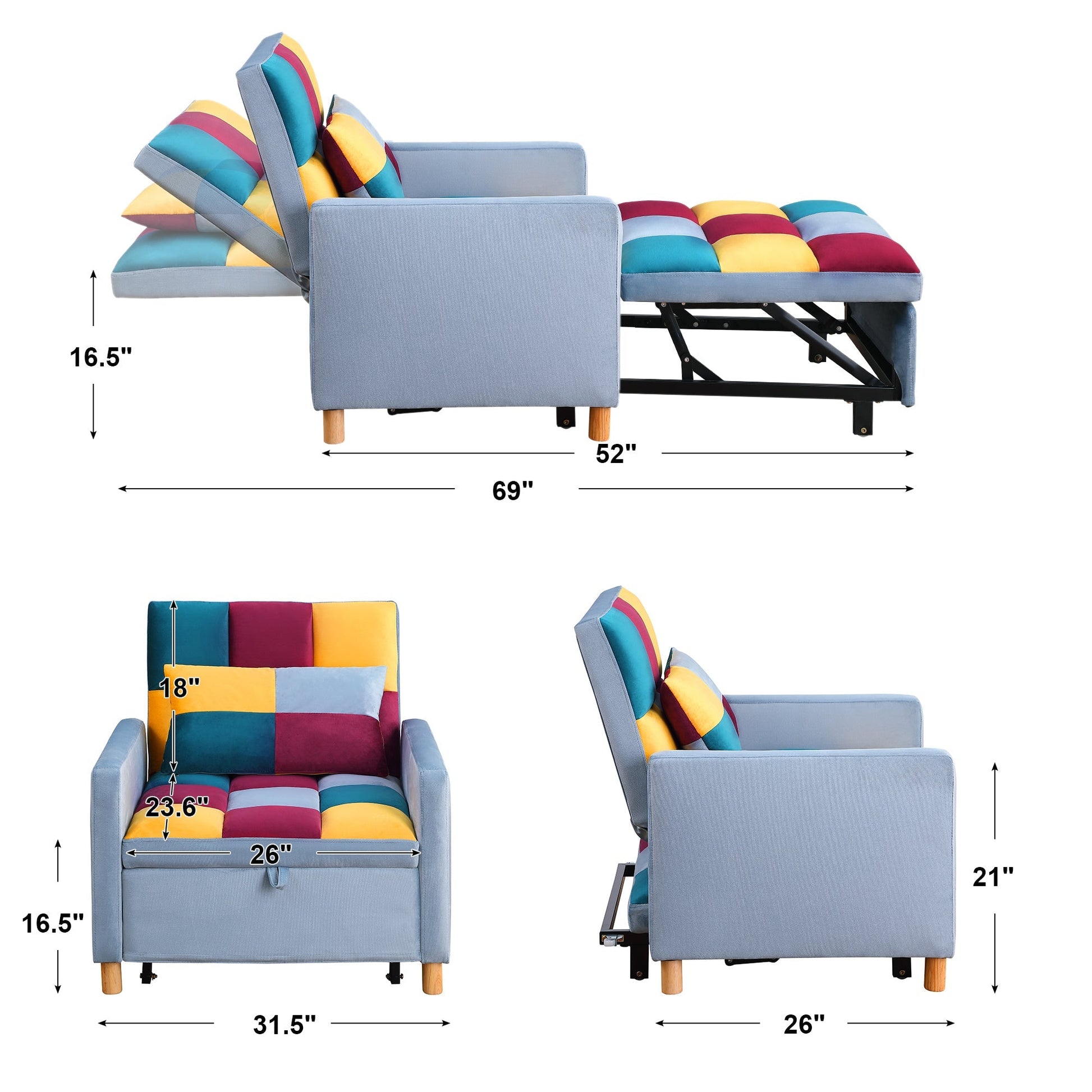 Convertible Sleeper Sofa Chair Bed, Adjustable Chair with Pillow (W142084298) - Direct Wicker