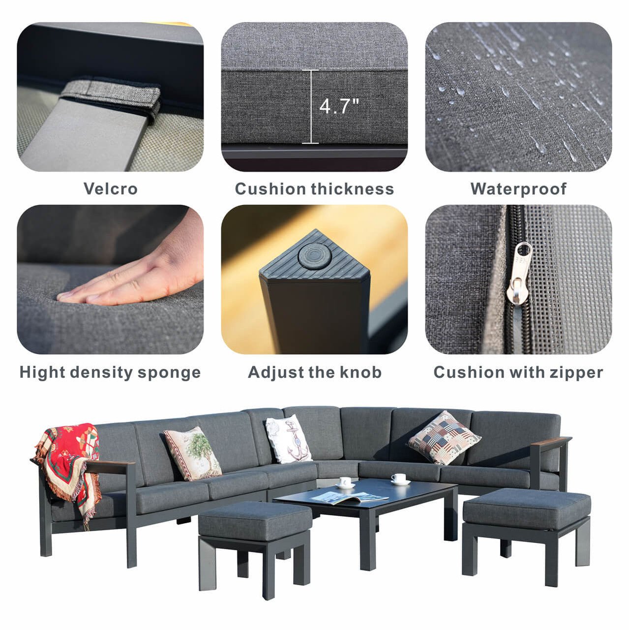 Dark Gray 8 - Piece Aluminum Patio Seating Sofa Set with Plush Cushions (PAS - 2327+2326+2326/7 - T) - Direct Wicker
