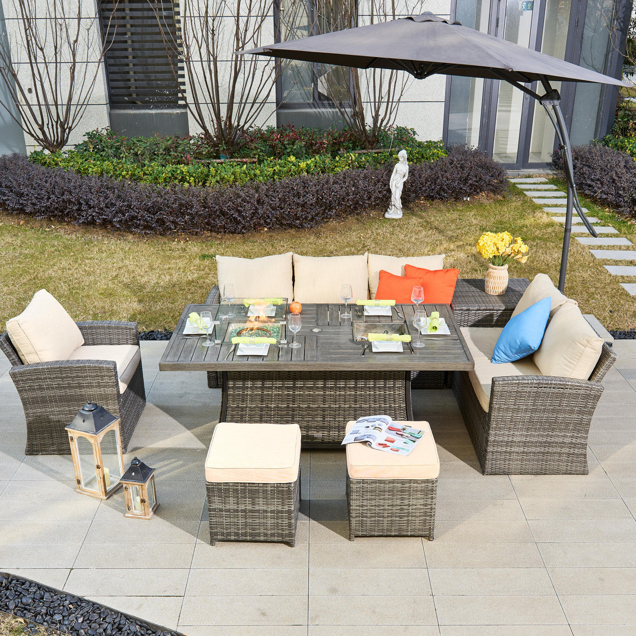 Direct Wicker's 7-Piece Wicker Patio Conversation Sofa Set Fire Pit Table with Ice Bucket  in Brown
