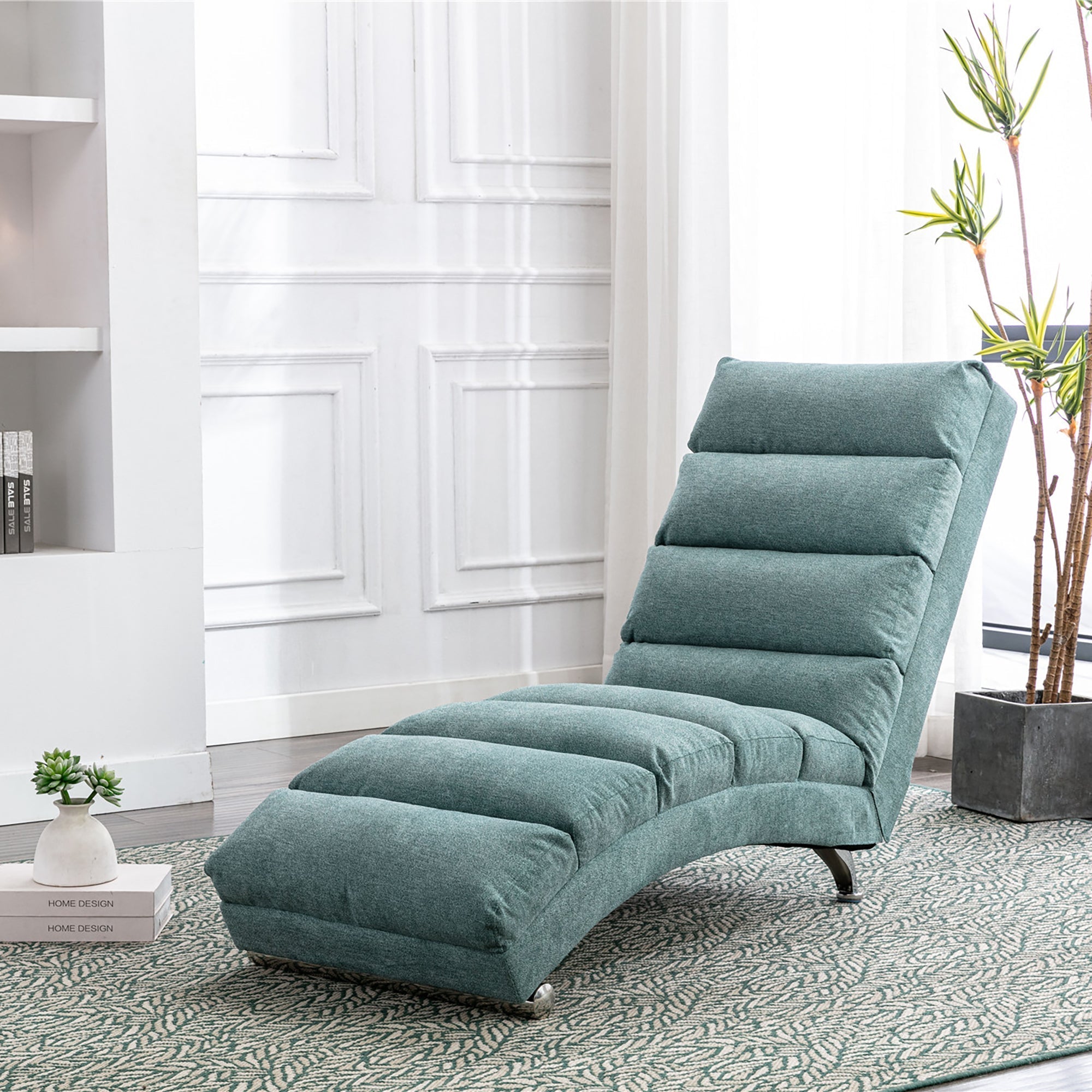 Ergonomic Electric Massage Chaise Lounge with Remote Control, Teal Linen Upholstery (W39539623) - Direct Wicker