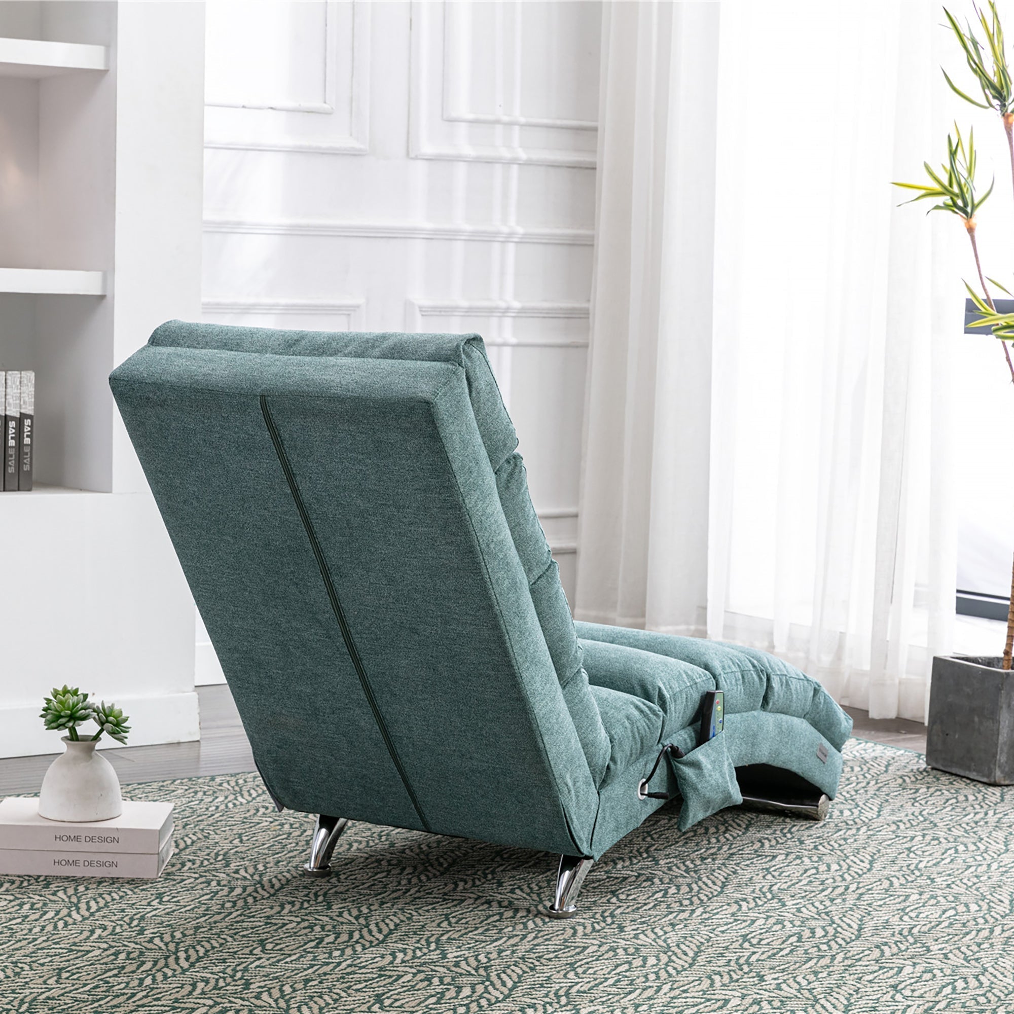 Ergonomic Electric Massage Chaise Lounge with Remote Control, Teal Linen Upholstery (W39539623) - Direct Wicker